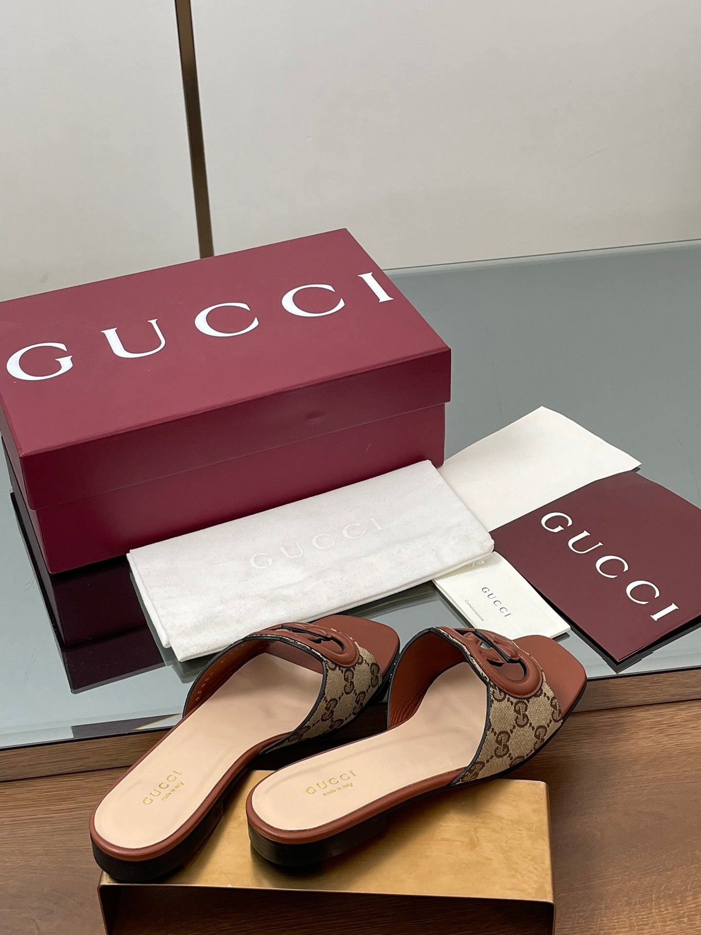 GG Rosso Ancora Slide Sandals Brown Beige Sheepskin Canvas 646491