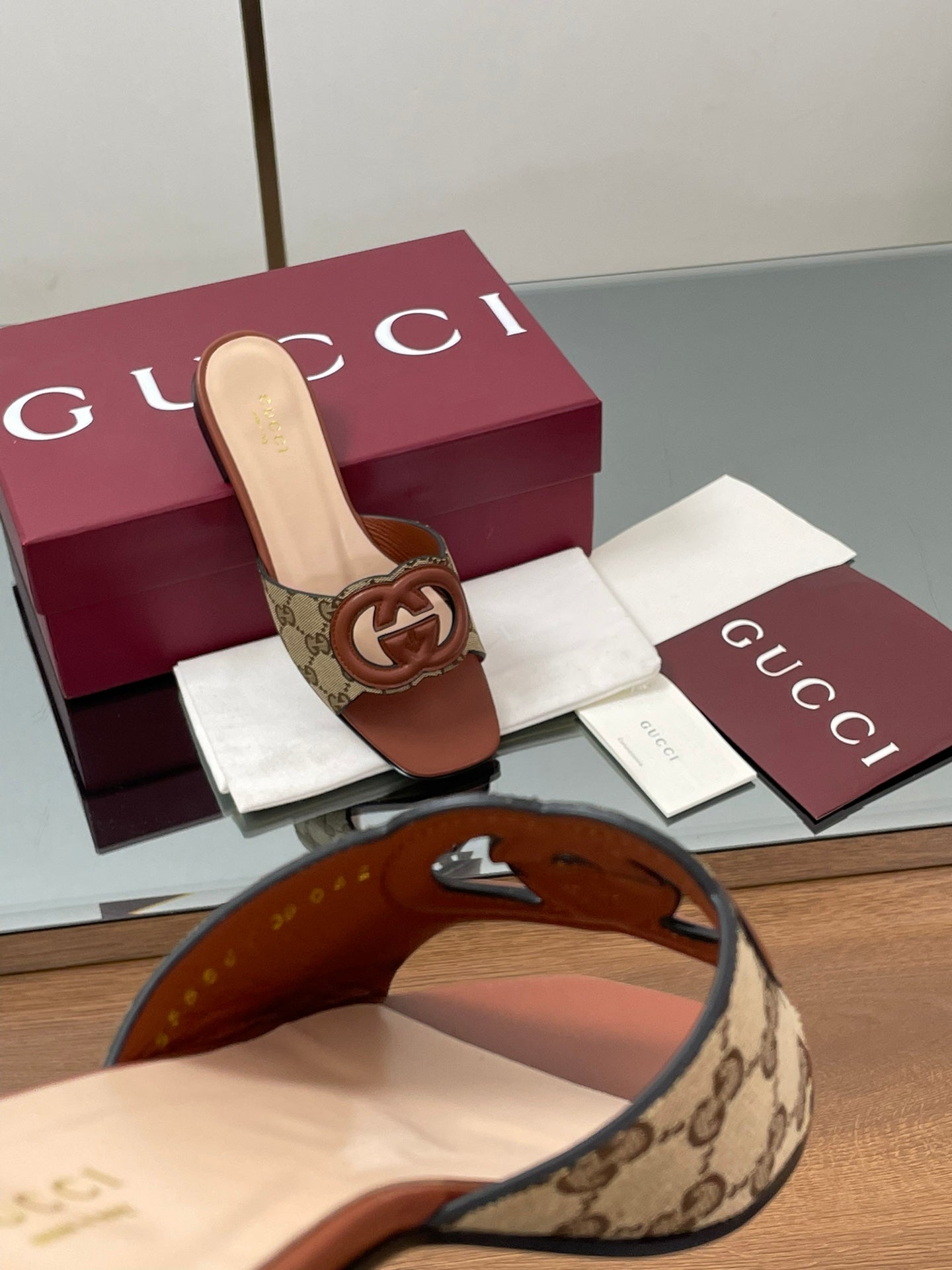 GG Rosso Ancora Slide Sandals Brown Beige Sheepskin Canvas 646491