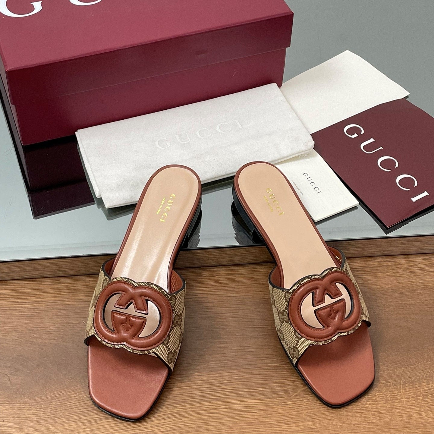 GG Rosso Ancora Slide Sandals Brown Beige Sheepskin Canvas 646491