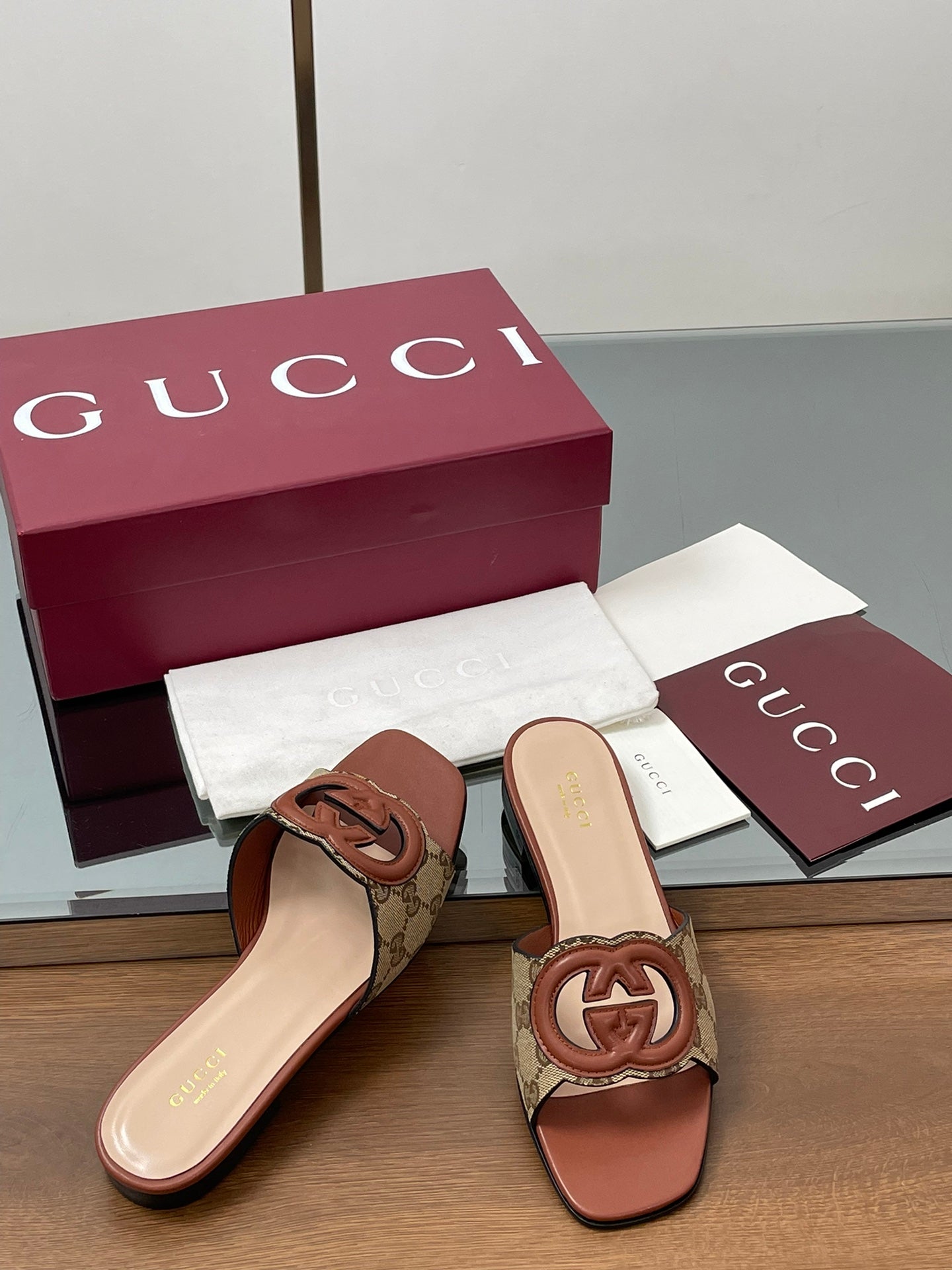GG Rosso Ancora Slide Sandals Brown Beige Sheepskin Canvas 646491