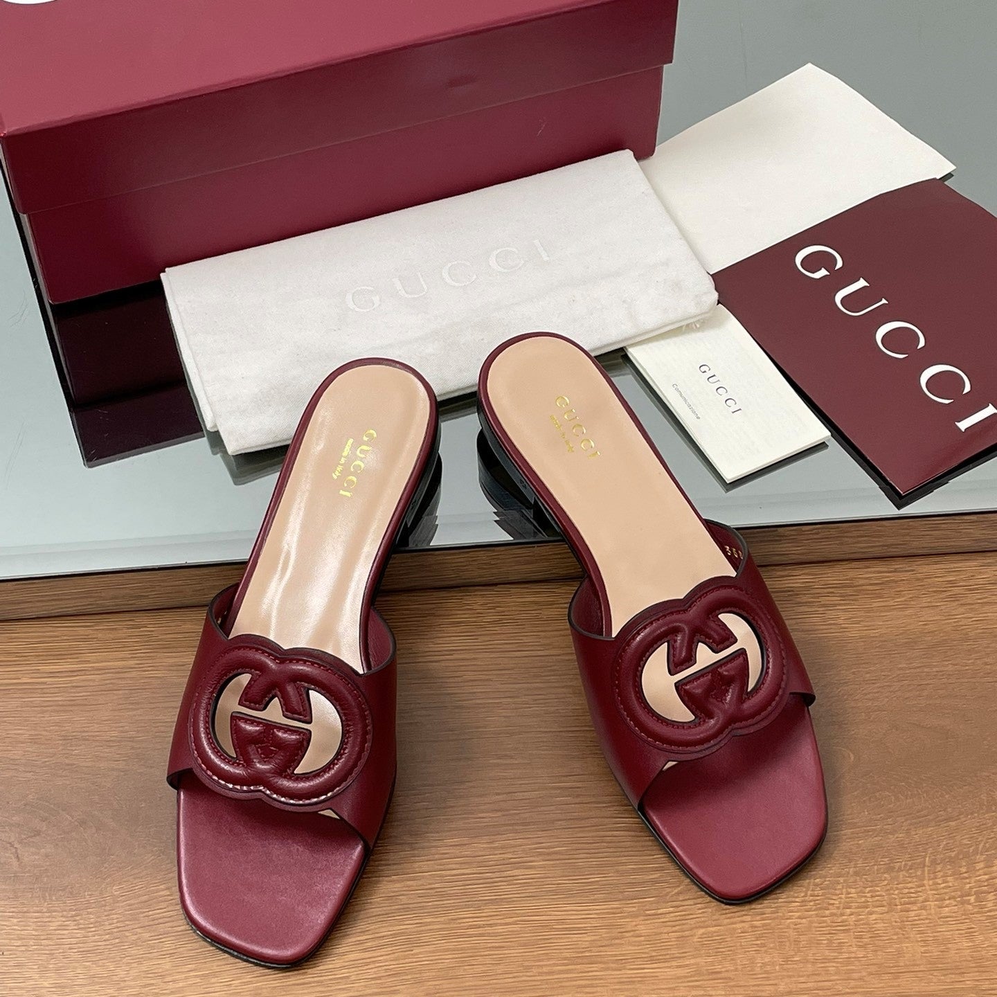 GG Rosso Ancora Slide Sandals Red Sheepskin 646492