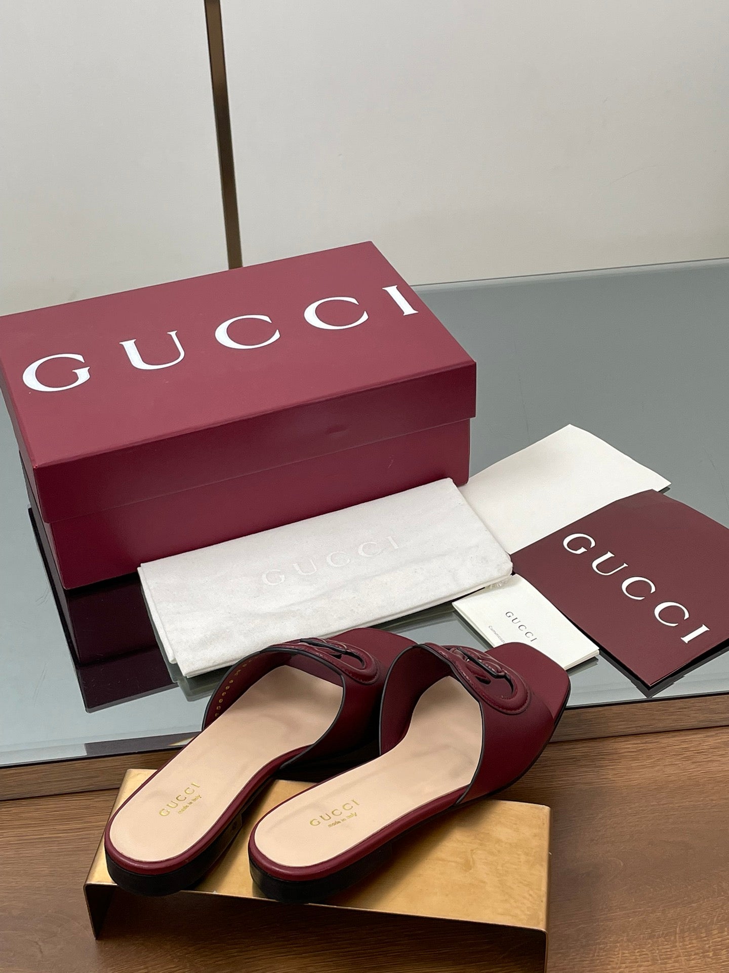 GG Rosso Ancora Slide Sandals Red Sheepskin 646492