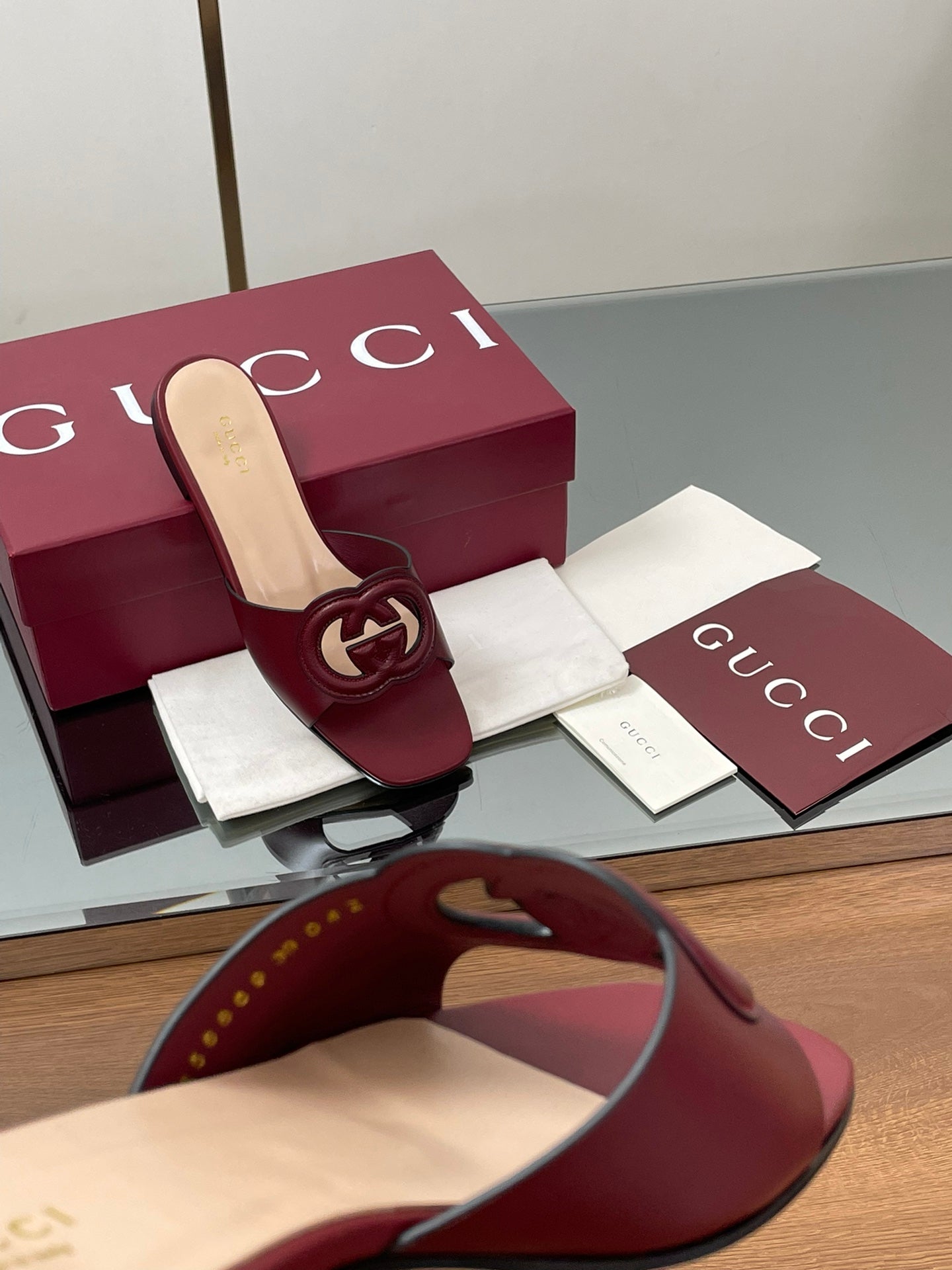 GG Rosso Ancora Slide Sandals Red Sheepskin 646492