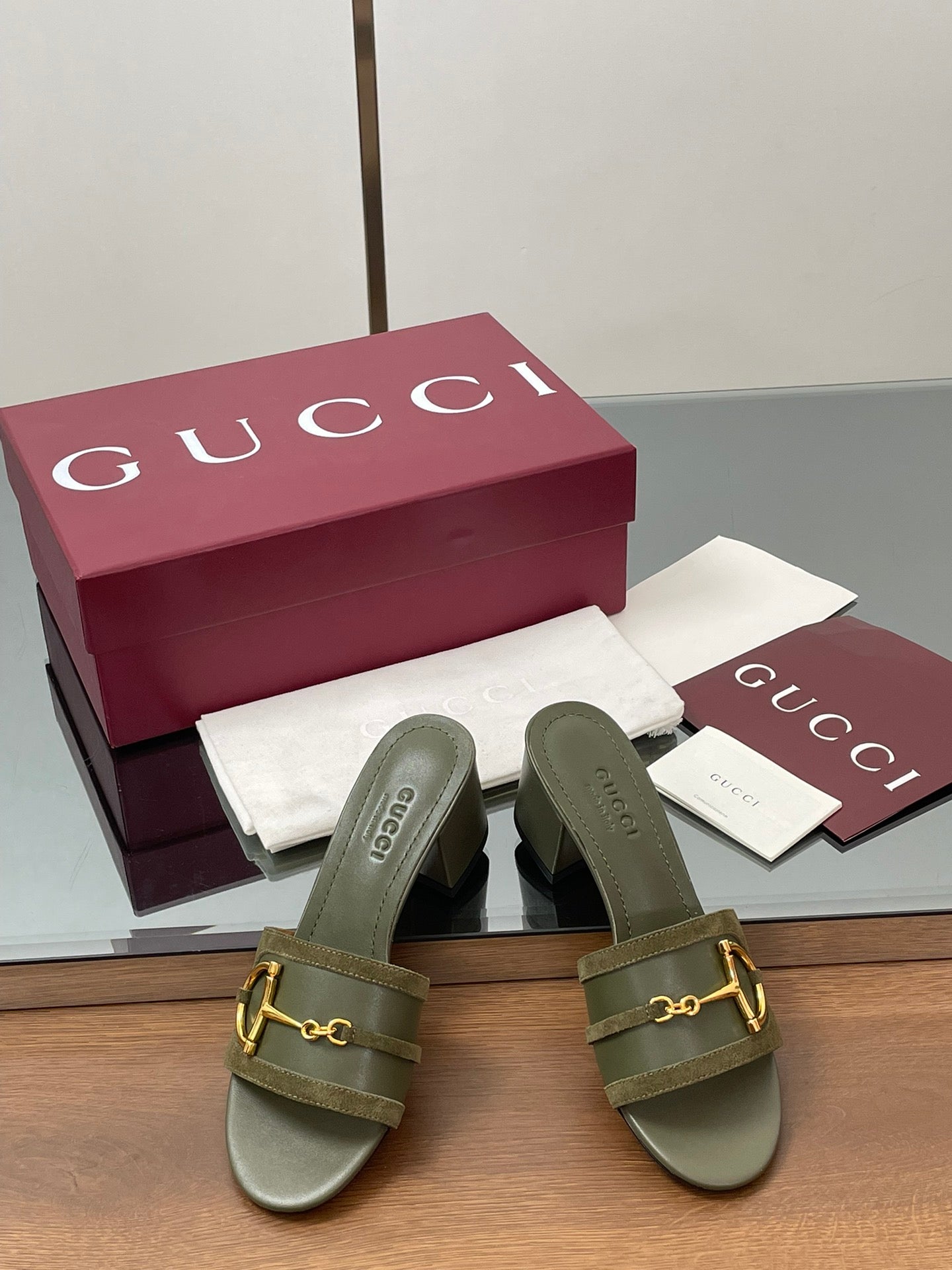 GG D-Shaped Sandals 5.5cm Olive Green Suede Sheepskin 646472