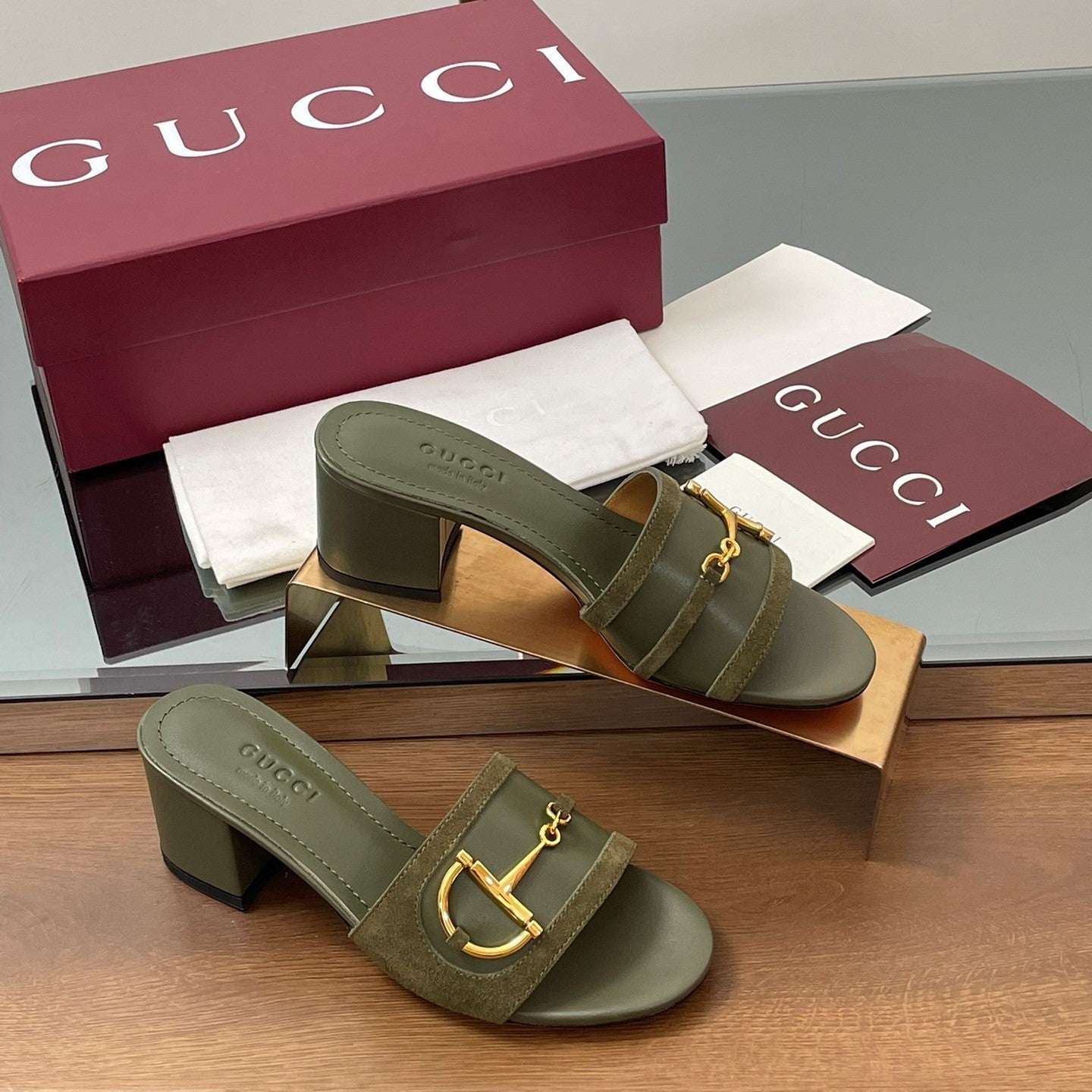GG D-Shaped Sandals 5.5cm Olive Green Suede Sheepskin 646472
