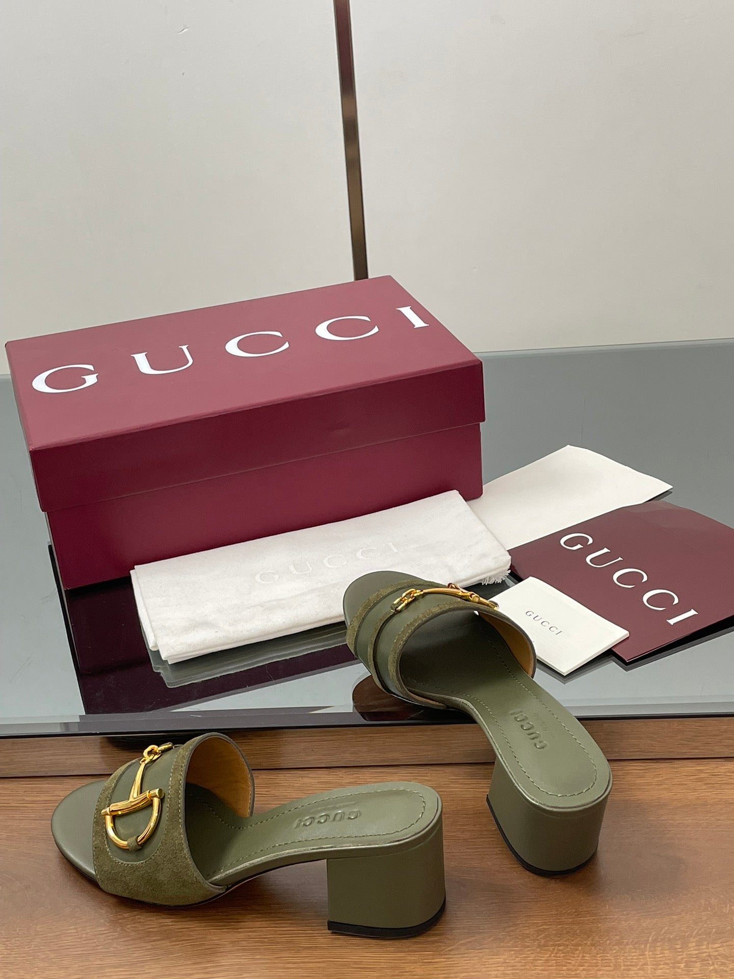 GG D-Shaped Sandals 5.5cm Olive Green Suede Sheepskin 646472