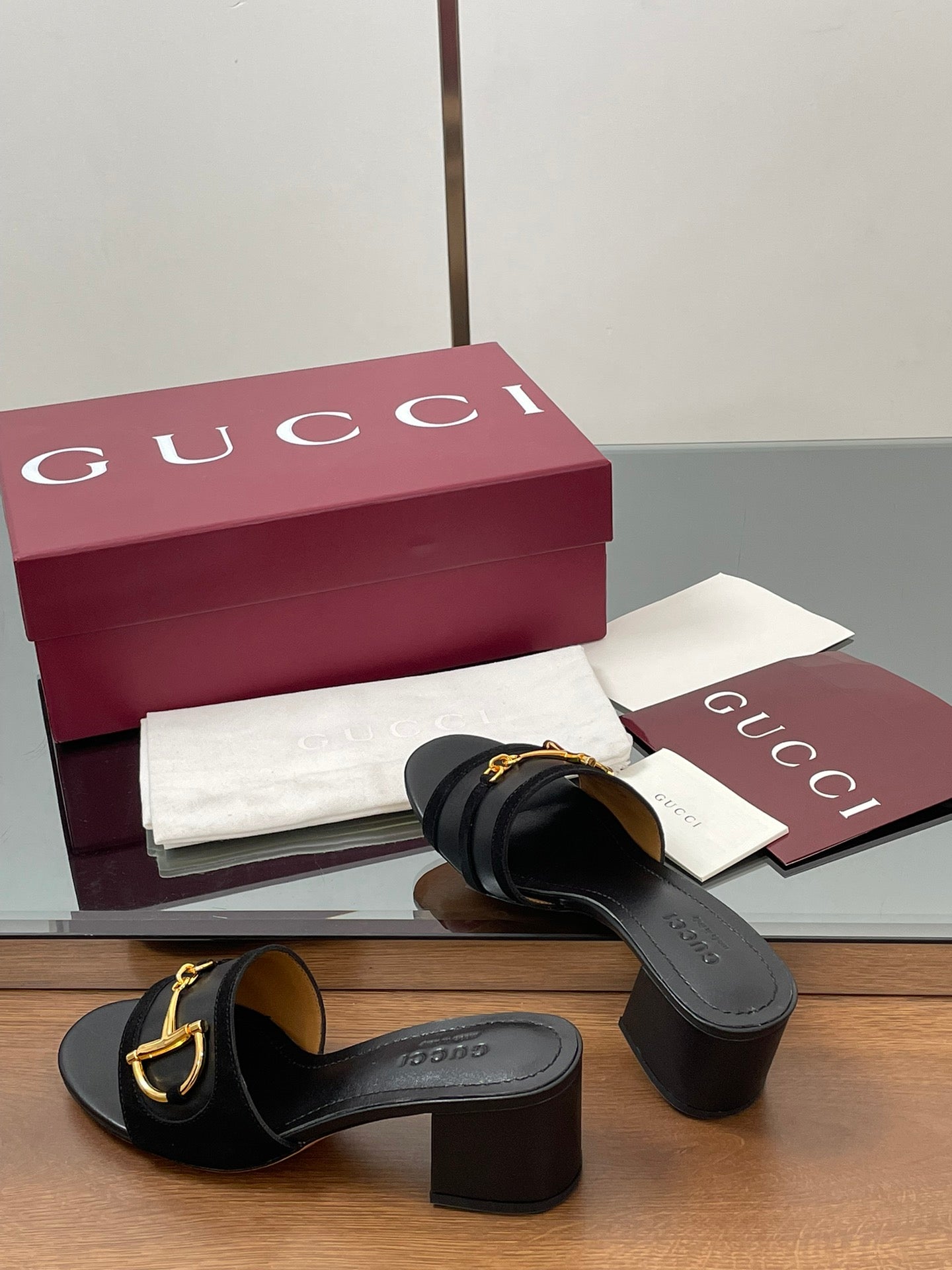 GG D-Shaped Sandals 5.5cm Black Suede Sheepskin 646473