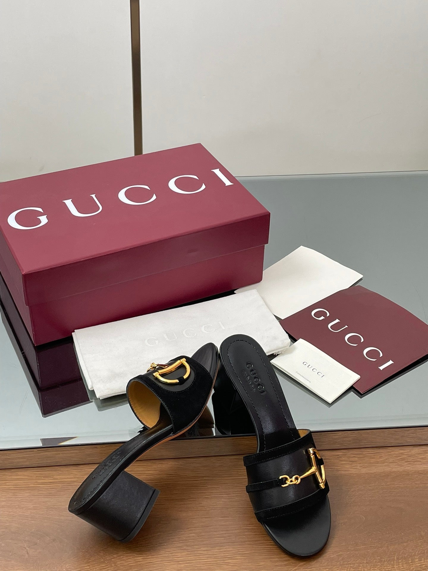 GG D-Shaped Sandals 5.5cm Black Suede Sheepskin 646473