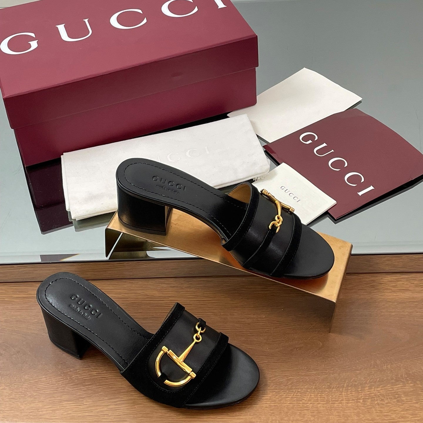 GG D-Shaped Sandals 5.5cm Black Suede Sheepskin 646473