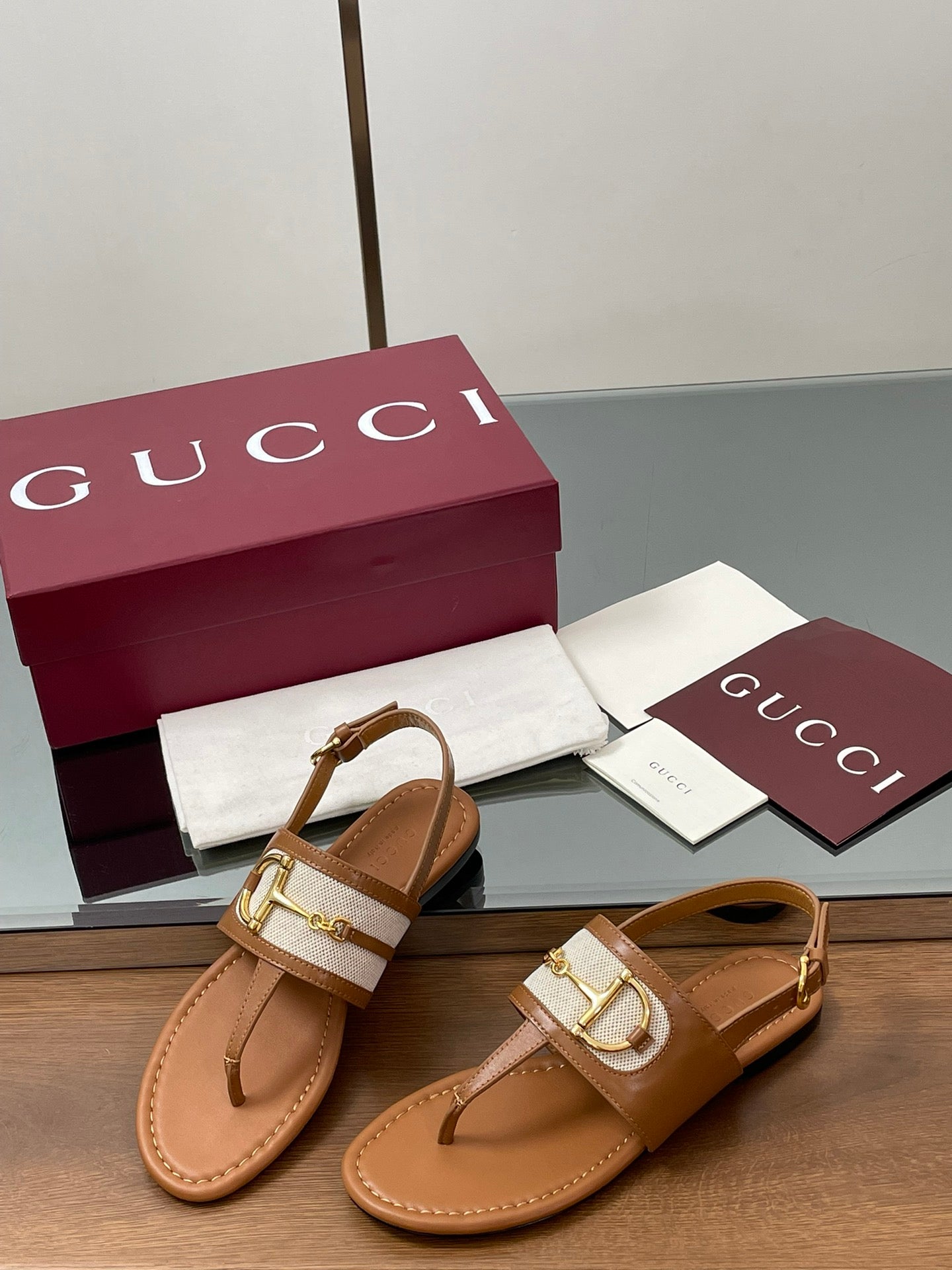 GG Horsebit Thong Flat Sandals Tan Brown Sheepskin Canvas 646468