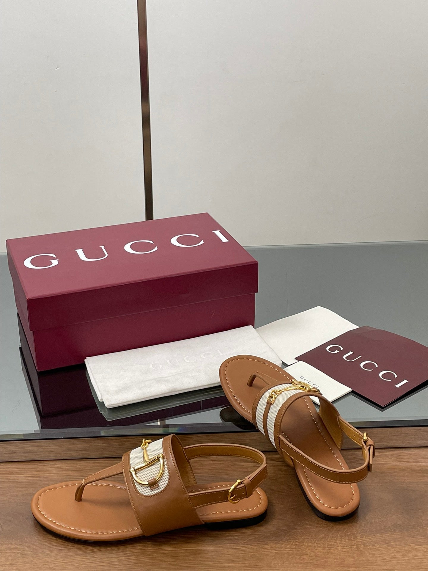 GG Horsebit Thong Flat Sandals Tan Brown Sheepskin Canvas 646468