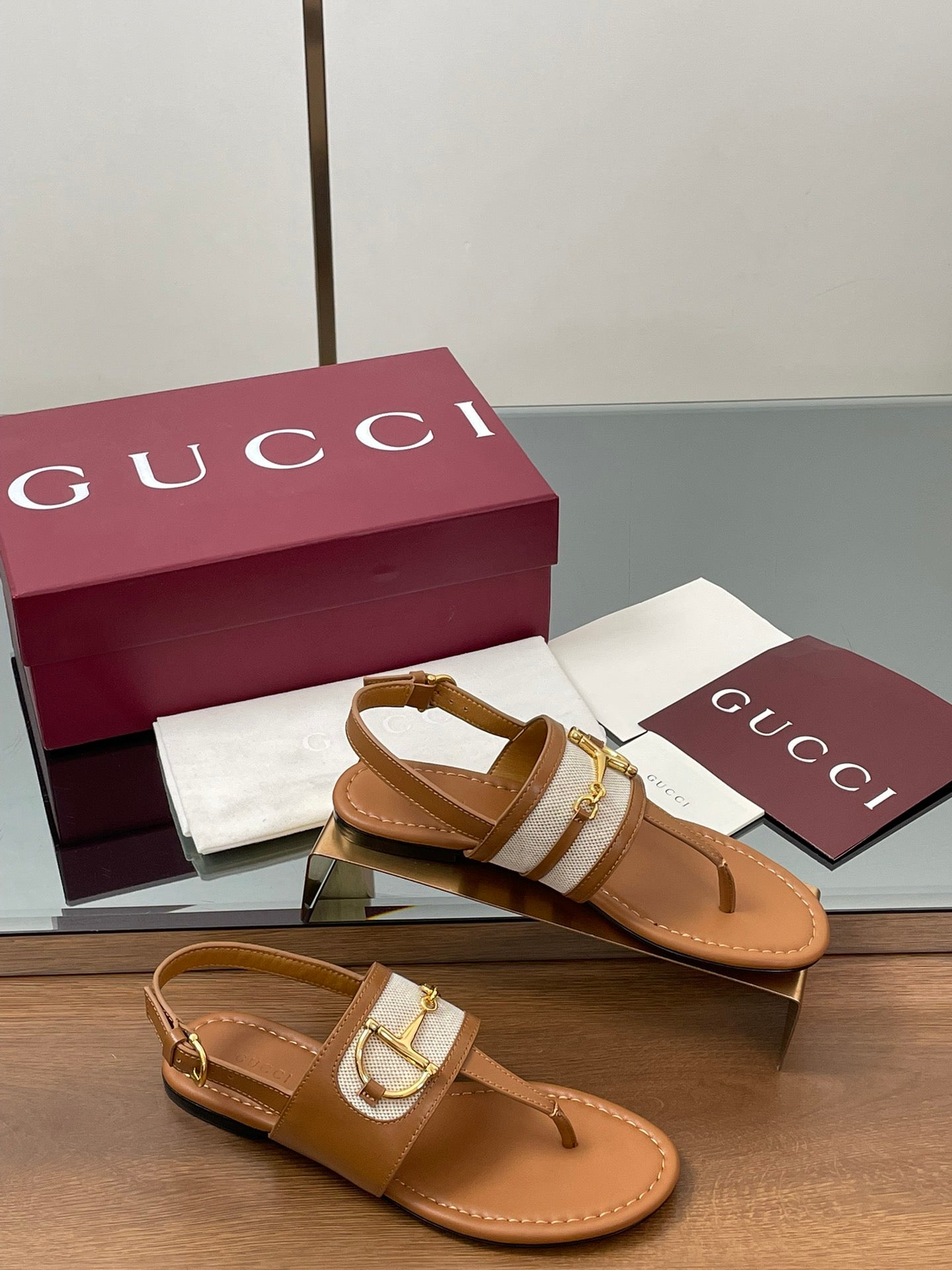 GG Horsebit Thong Flat Sandals Tan Brown Sheepskin Canvas 646468