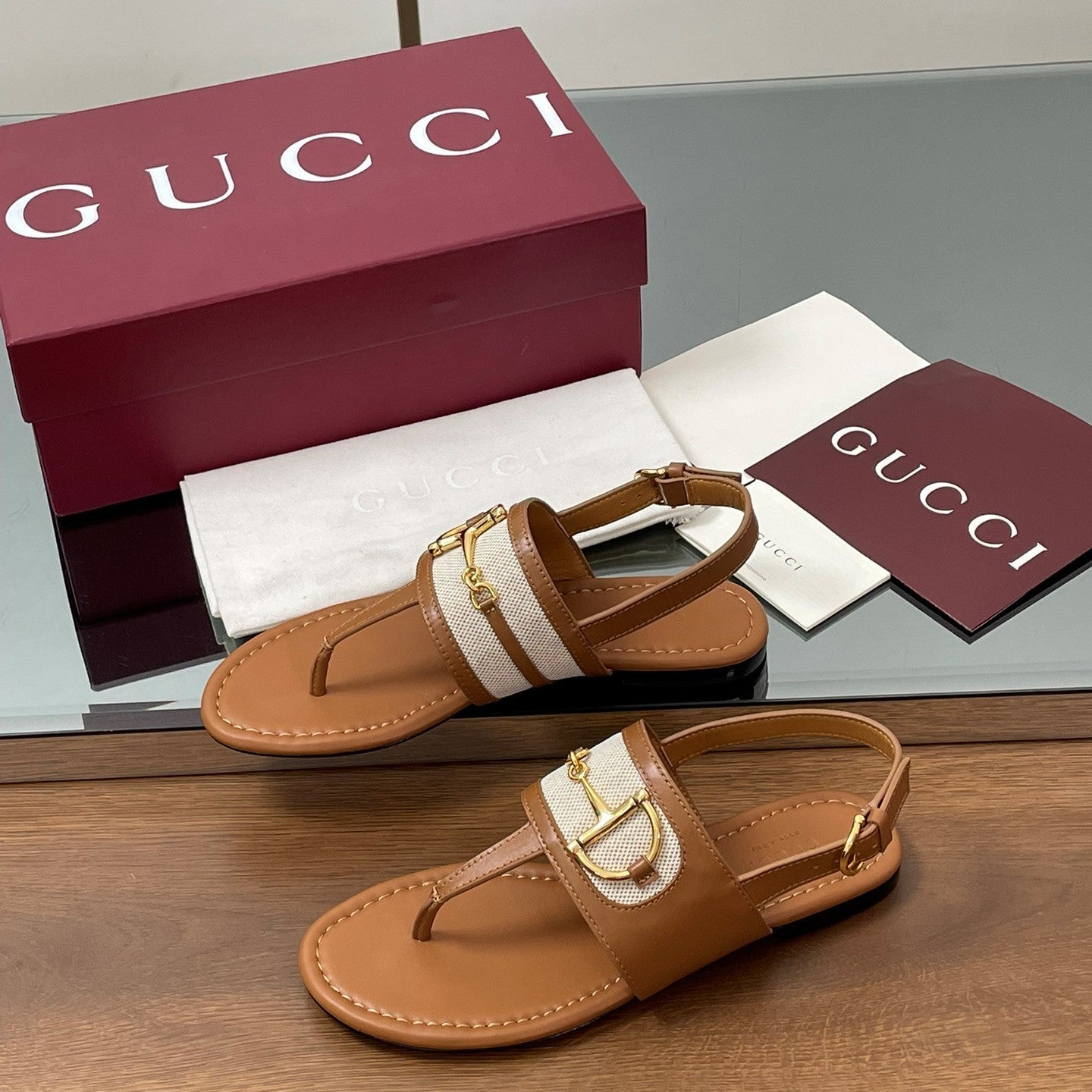 GG Horsebit Thong Flat Sandals Tan Brown Sheepskin Canvas 646468
