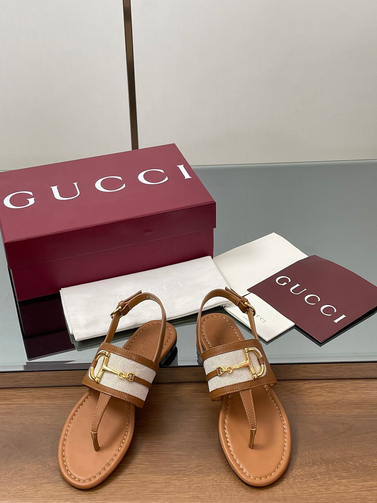 GG Horsebit Thong Flat Sandals Tan Brown Sheepskin Canvas 646468