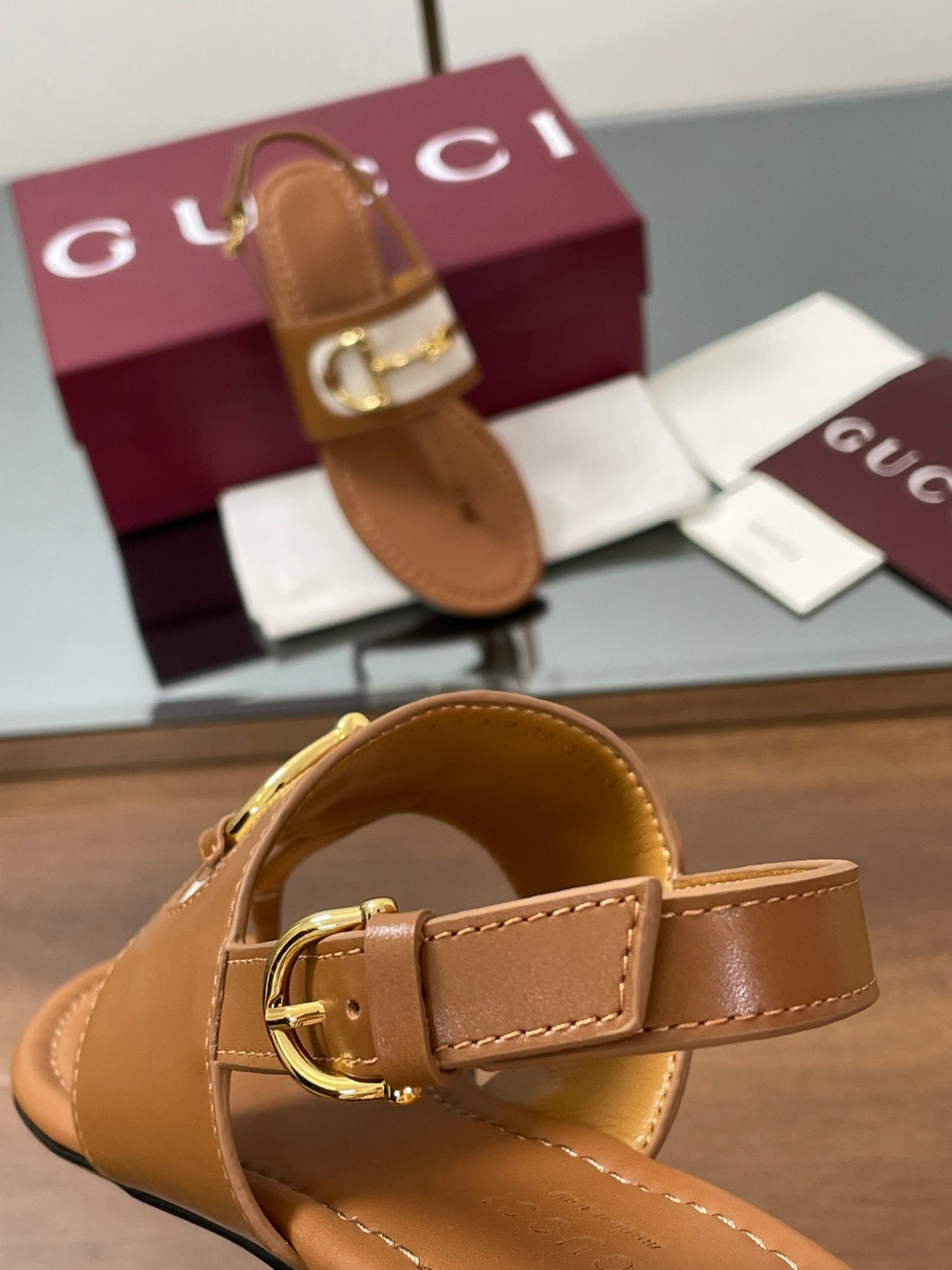 GG Horsebit Thong Flat Sandals Tan Brown Sheepskin Canvas 646468