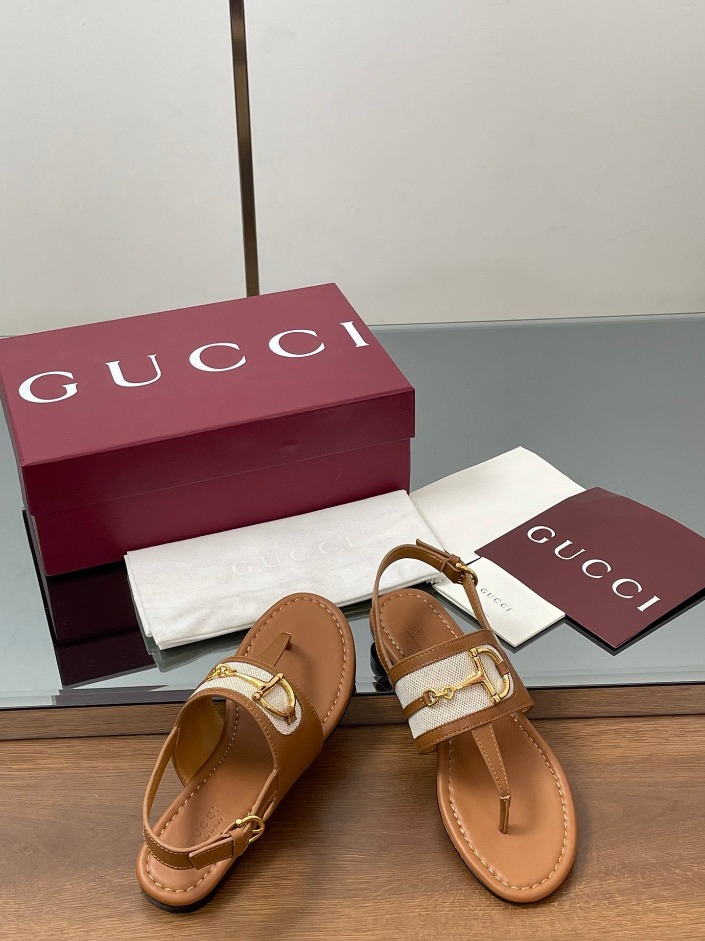 GG Horsebit Thong Flat Sandals Tan Brown Sheepskin Canvas 646468