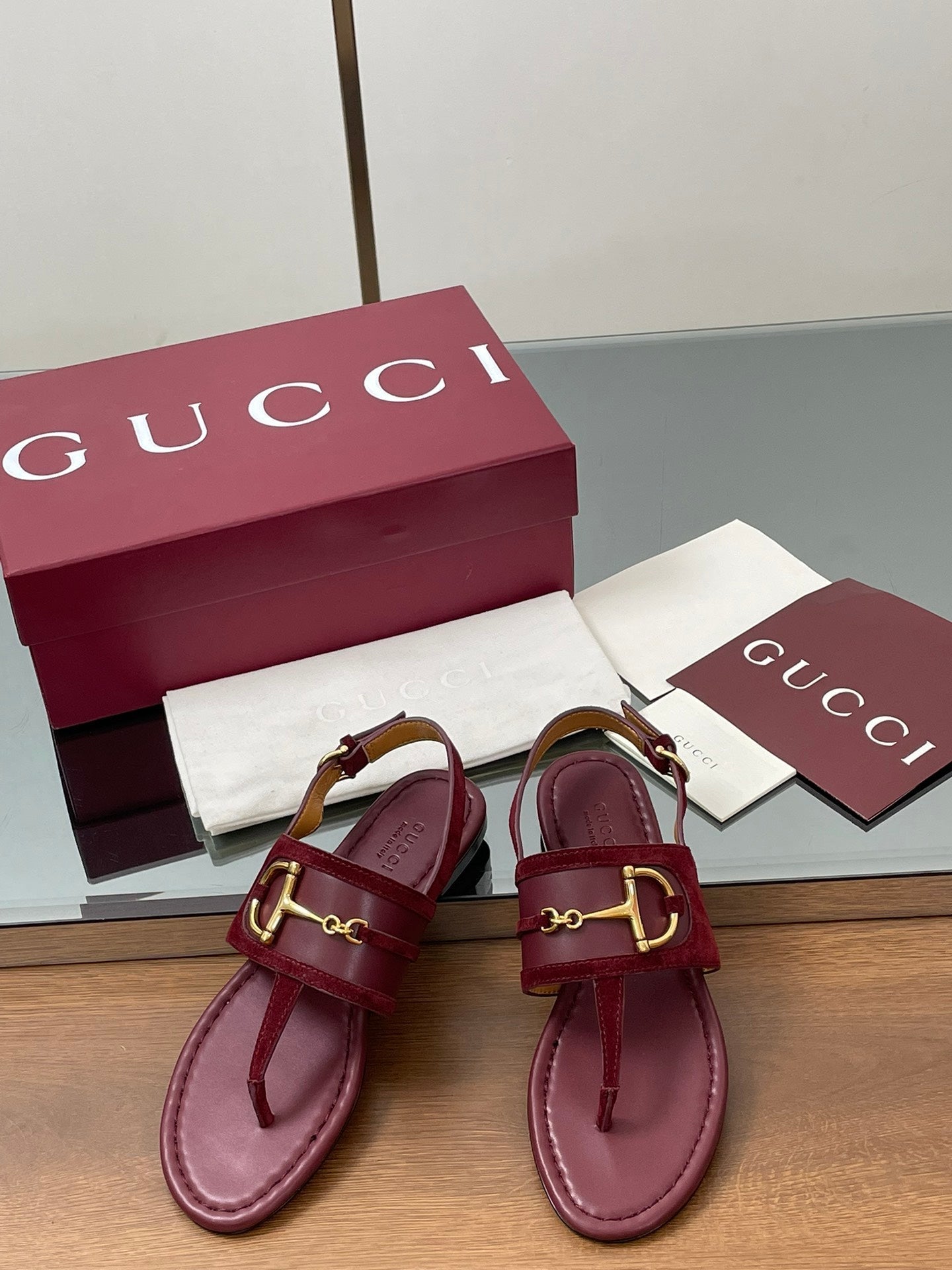 GG Horsebit Thong Flat Sandals Burgundy Sheepskin Suede 646471