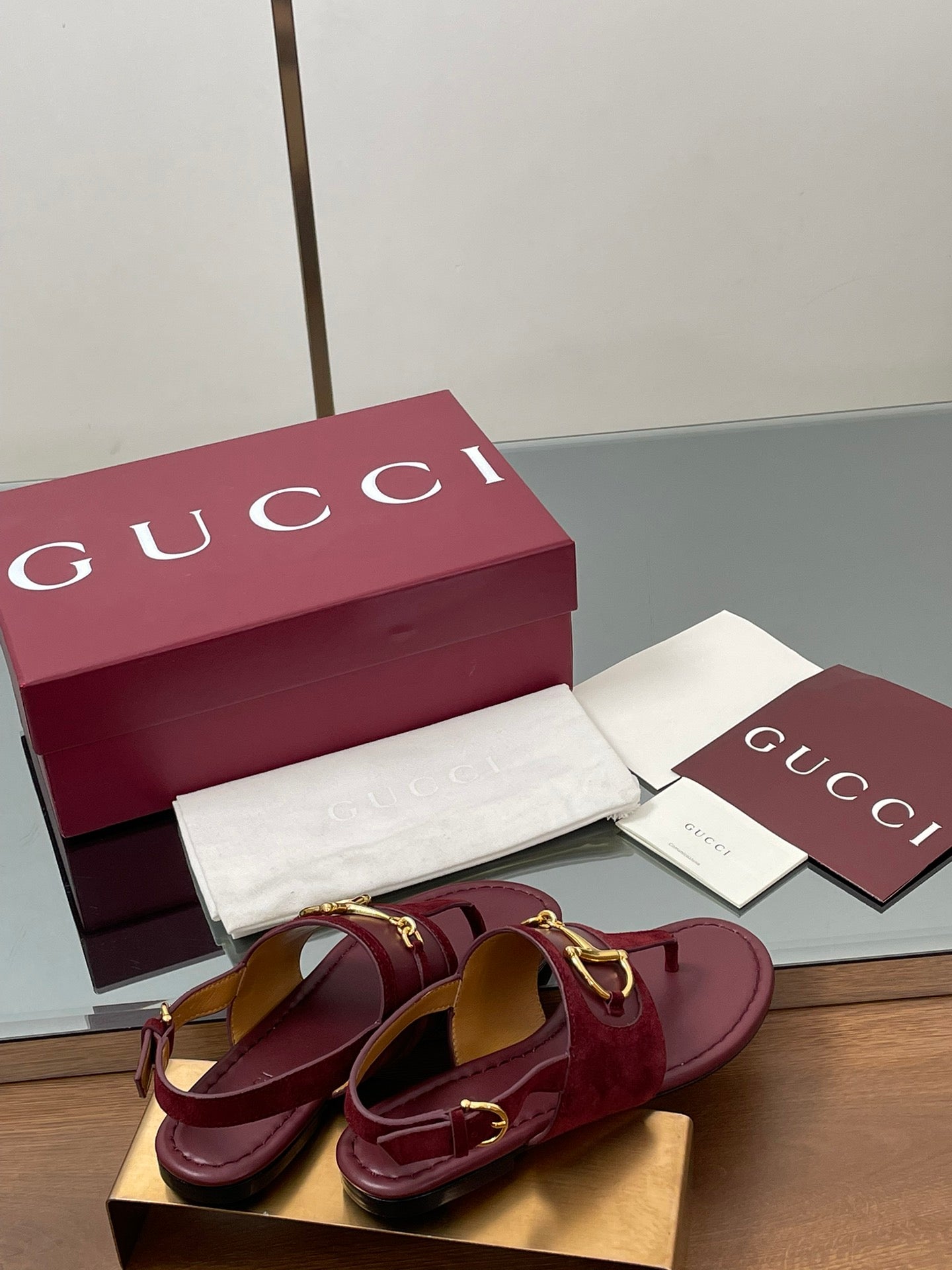 GG Horsebit Thong Flat Sandals Burgundy Sheepskin Suede 646471