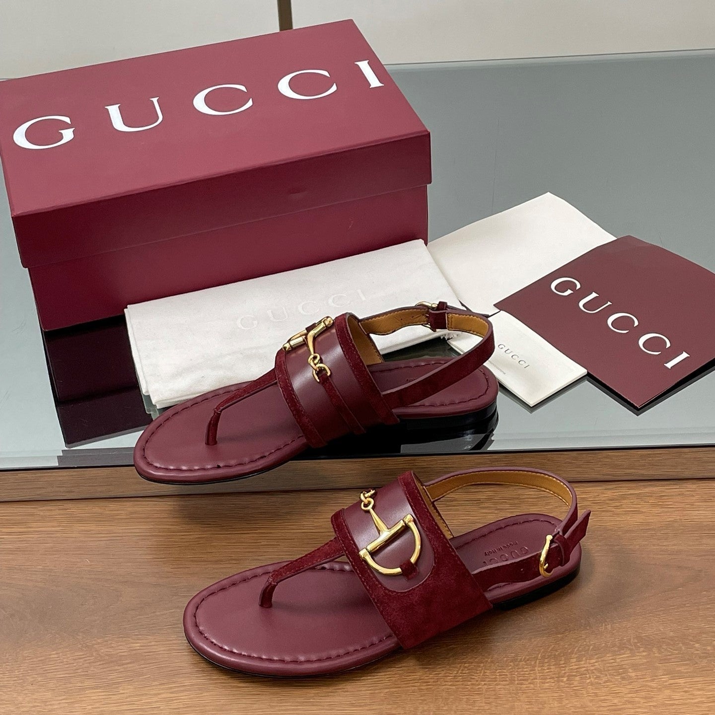 GG Horsebit Thong Flat Sandals Burgundy Sheepskin Suede 646471