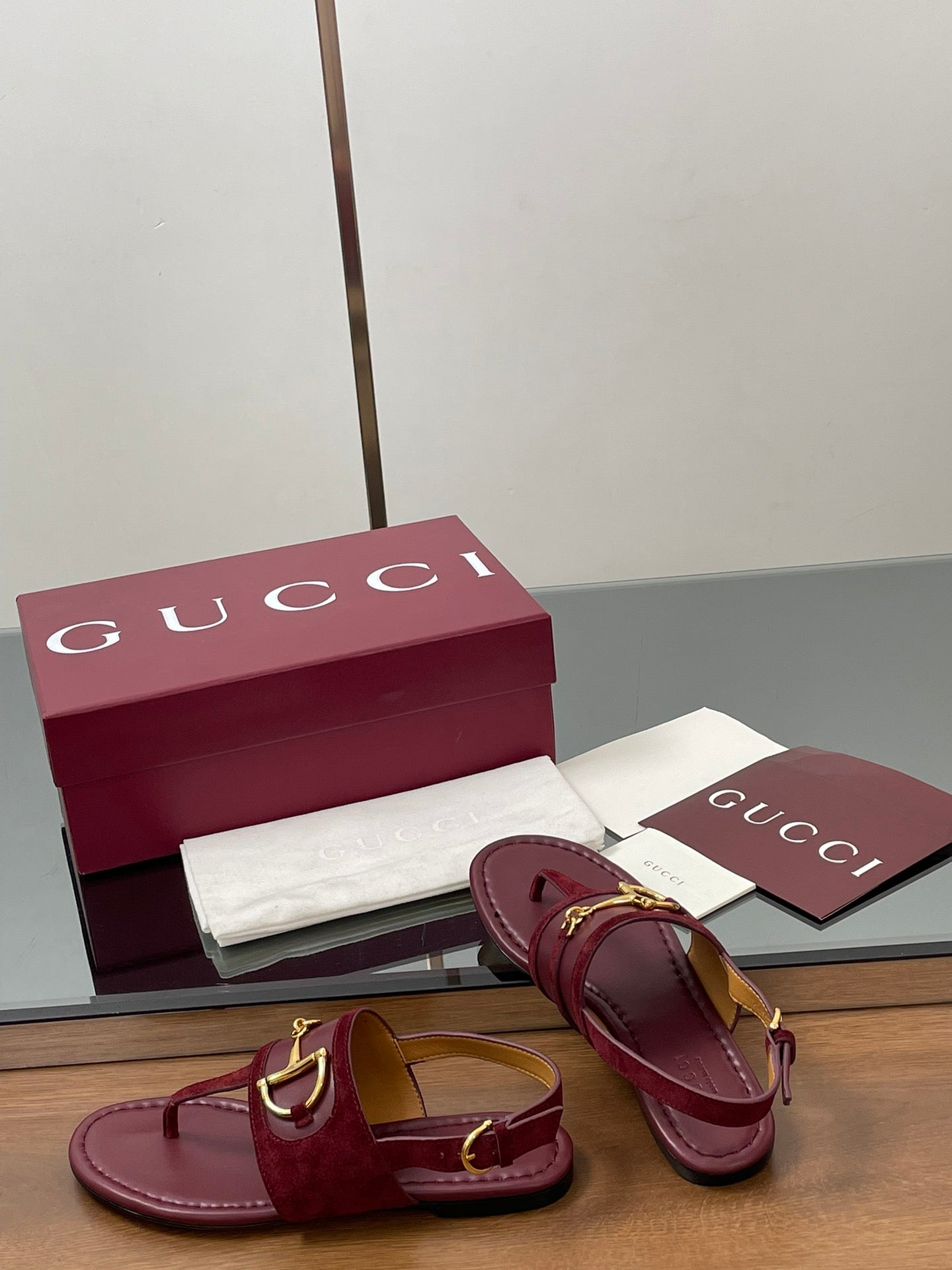 GG Horsebit Thong Flat Sandals Burgundy Sheepskin Suede 646471