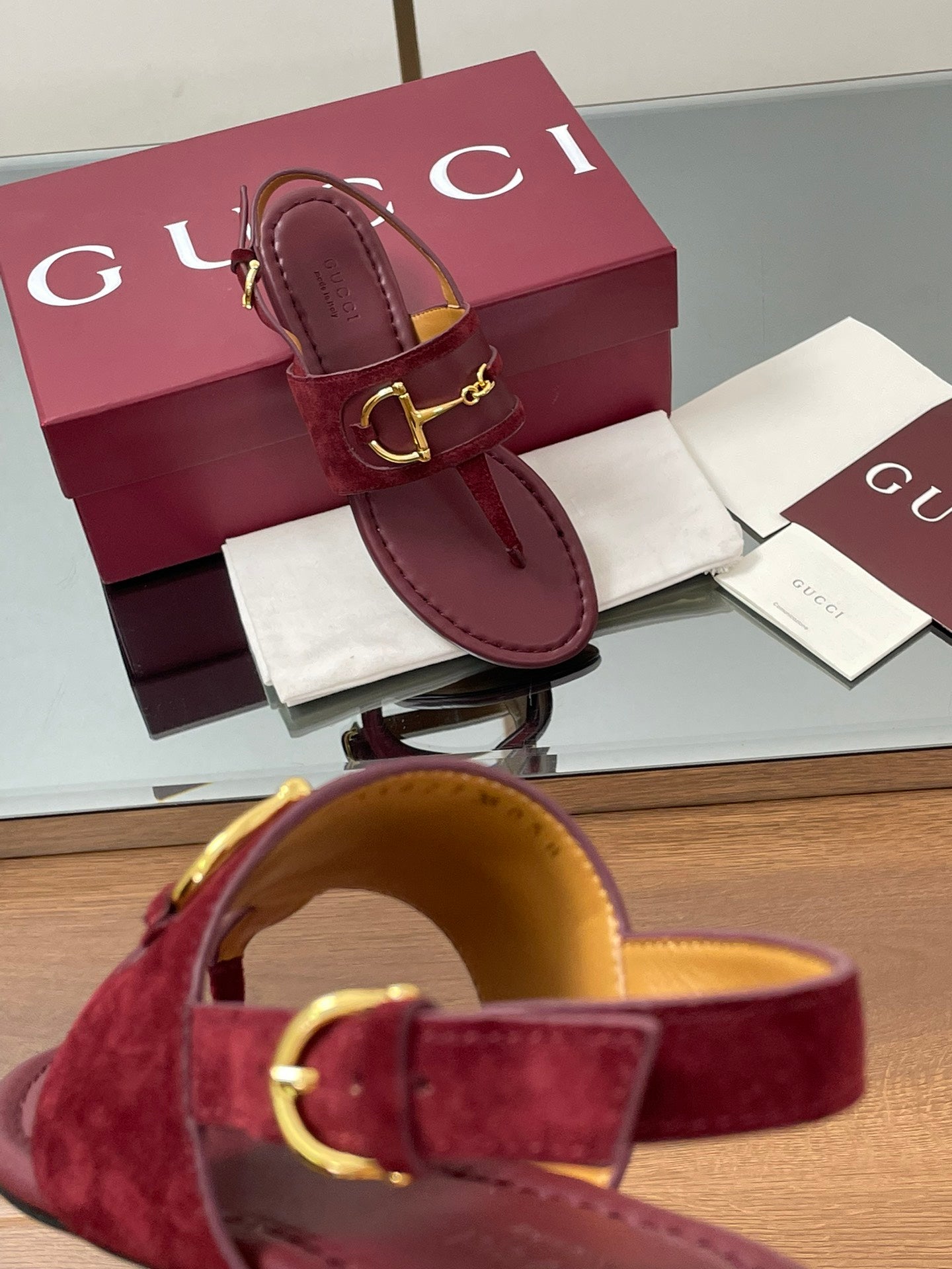 GG Horsebit Thong Flat Sandals Burgundy Sheepskin Suede 646471