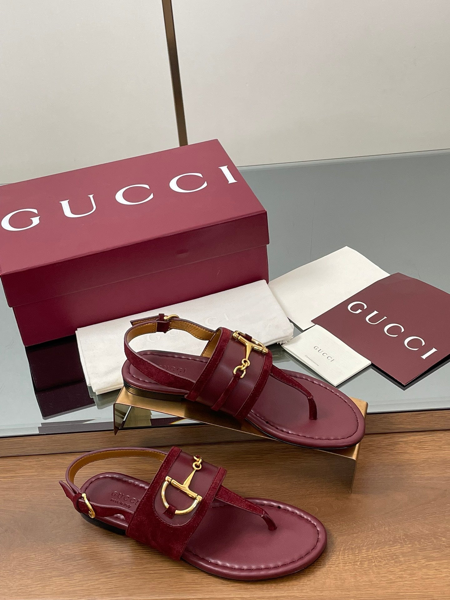GG Horsebit Thong Flat Sandals Burgundy Sheepskin Suede 646471
