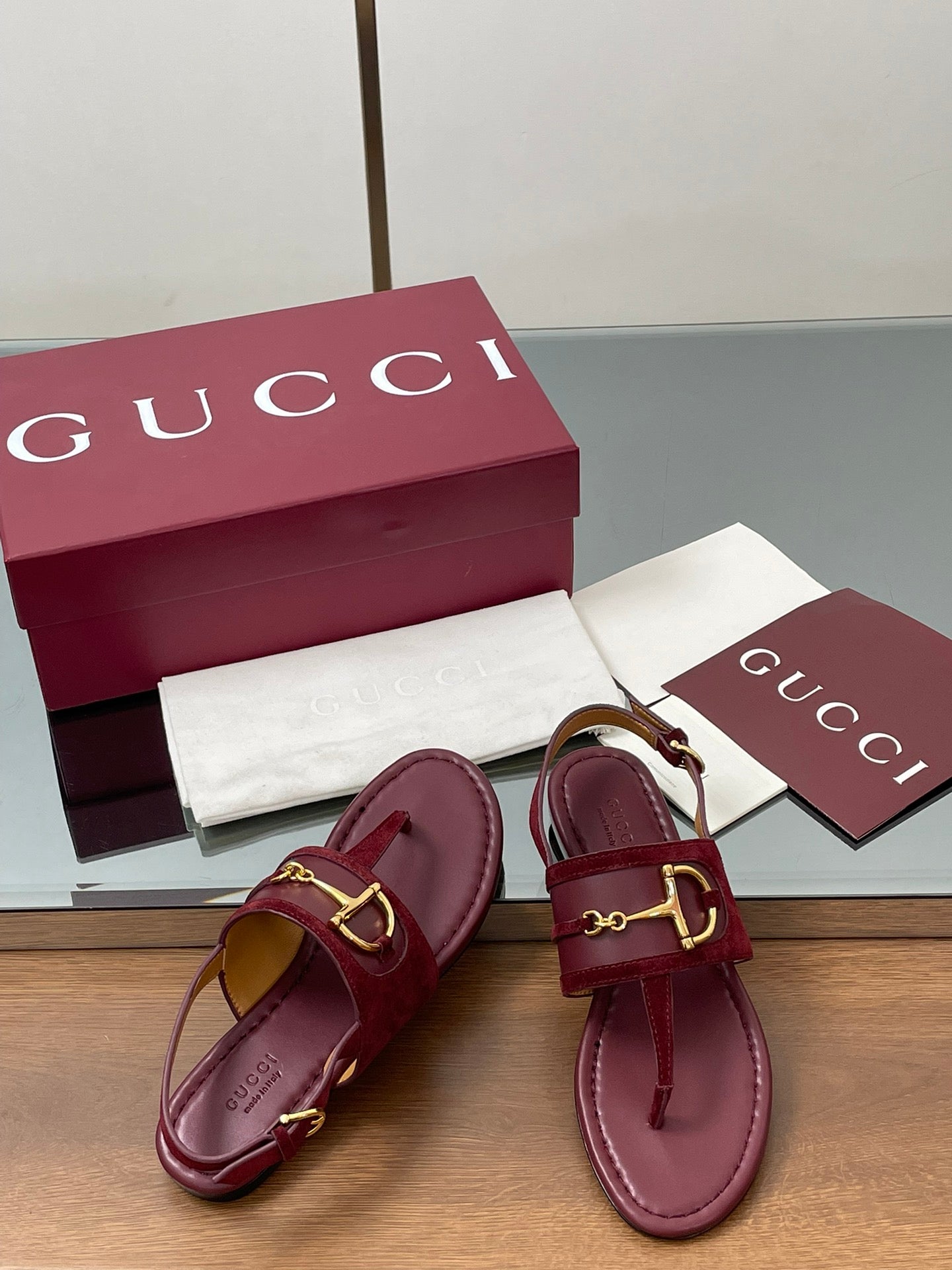 GG Horsebit Thong Flat Sandals Burgundy Sheepskin Suede 646471
