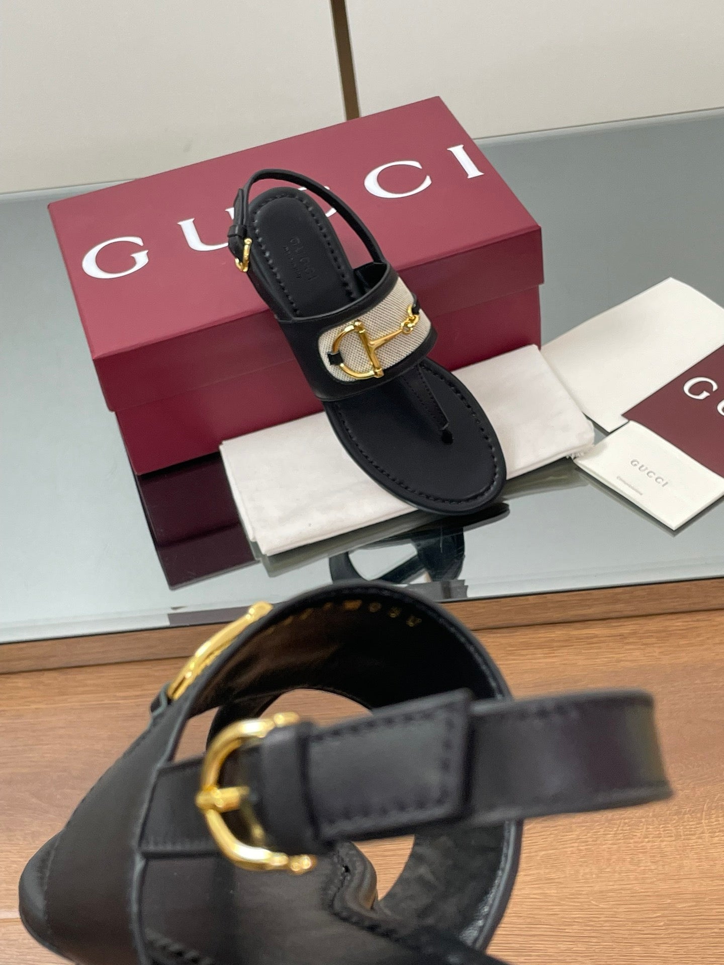 GG Horsebit Thong Flat Sandals Black Sheepskin Canvas 646469