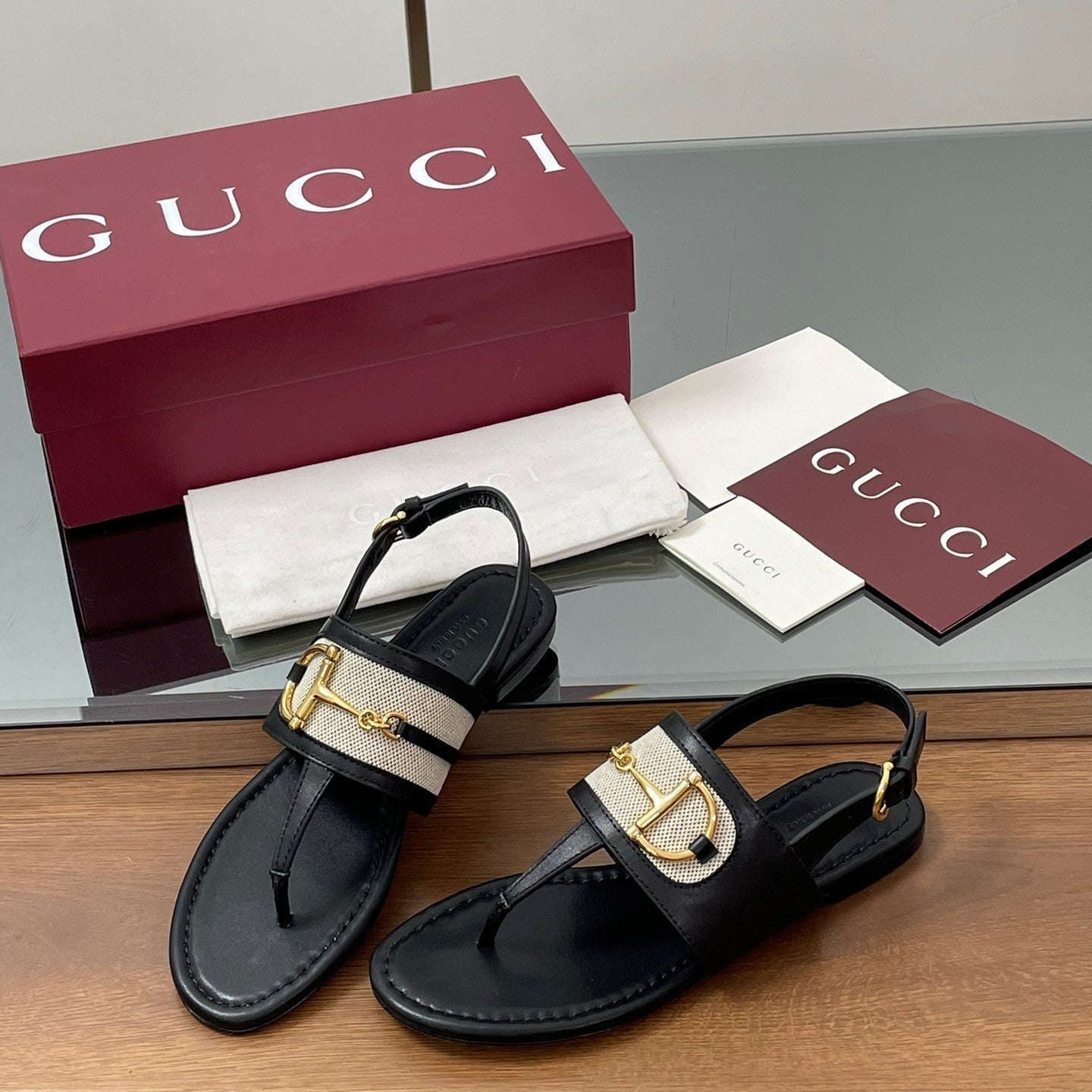 GG Horsebit Thong Flat Sandals Black Sheepskin Canvas 646469