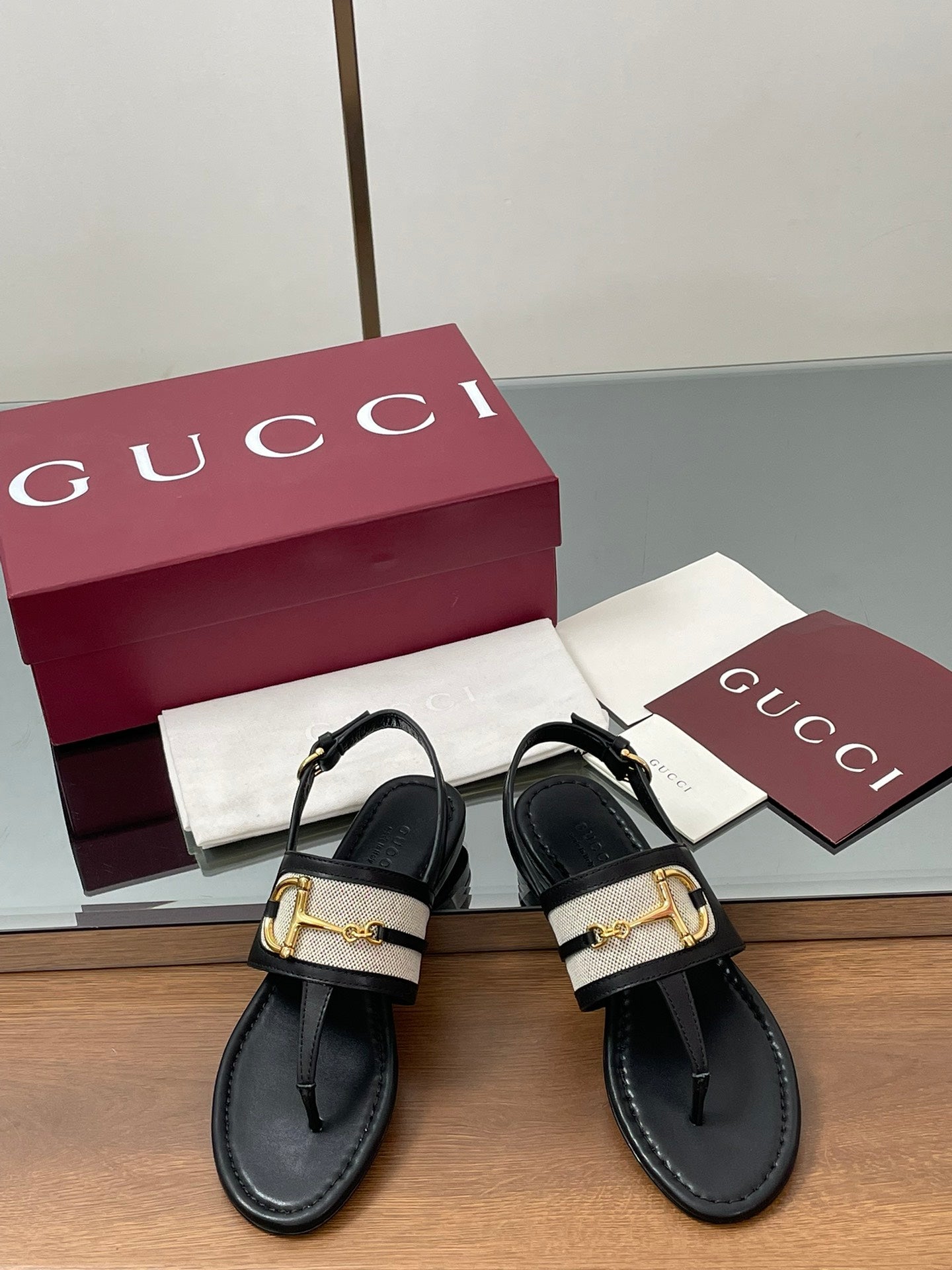 GG Horsebit Thong Flat Sandals Black Sheepskin Canvas 646469