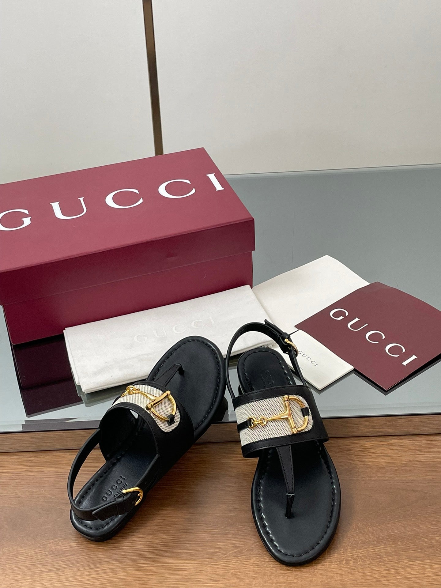 GG Horsebit Thong Flat Sandals Black Sheepskin Canvas 646469