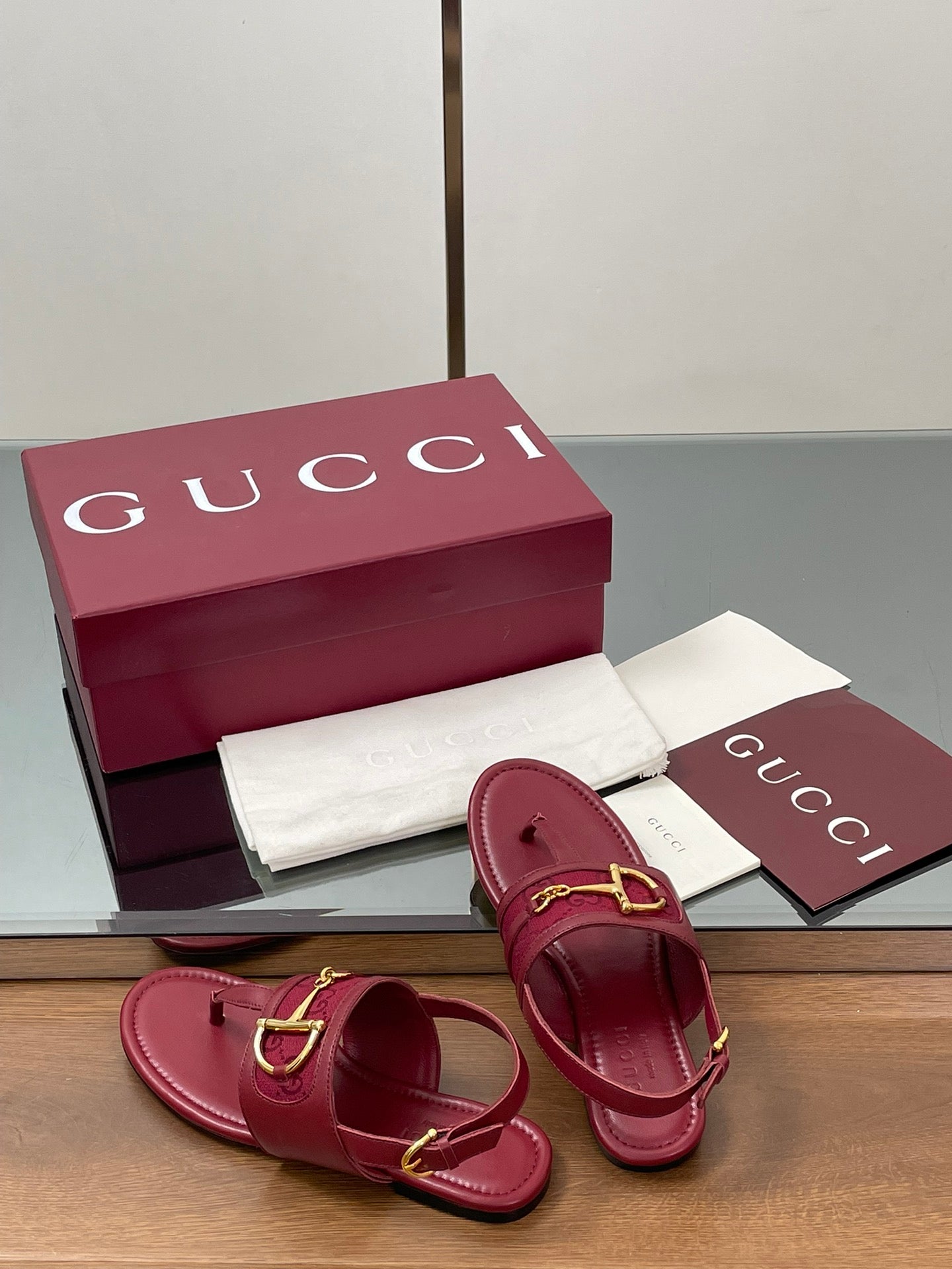 GG Horsebit Thong Flat Sandals Burgundy Sheepskin Canvas 646466
