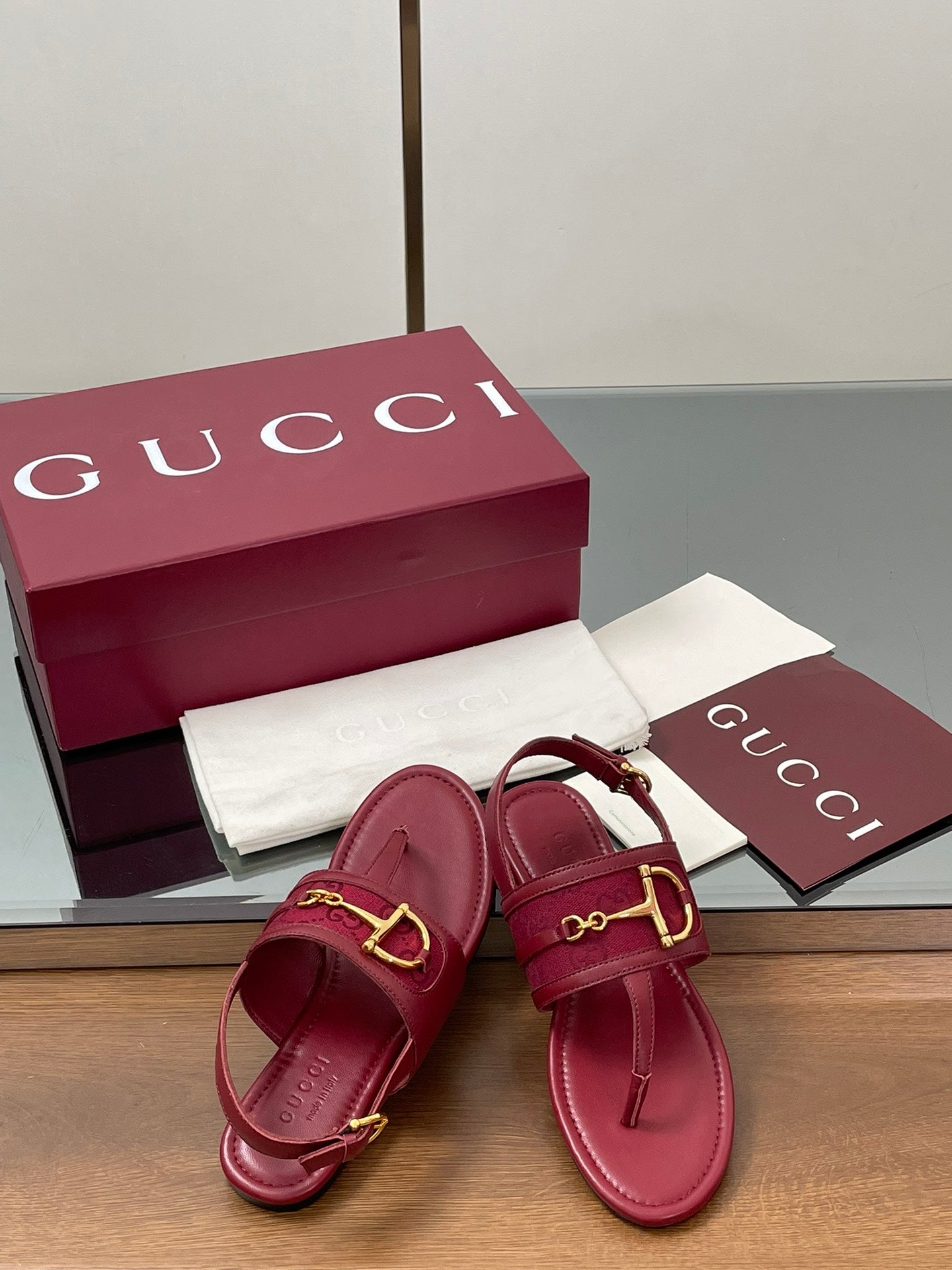 GG Horsebit Thong Flat Sandals Burgundy Sheepskin Canvas 646466