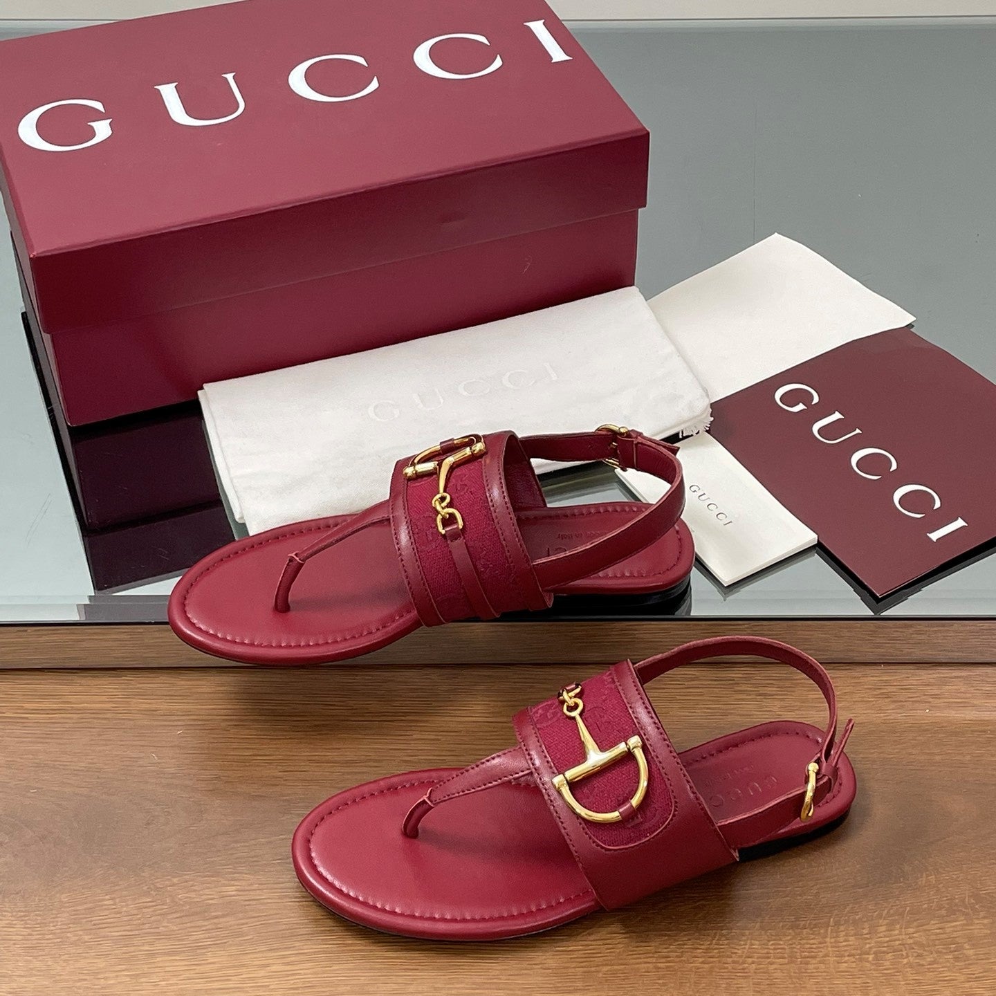 GG Horsebit Thong Flat Sandals Burgundy Sheepskin Canvas 646466