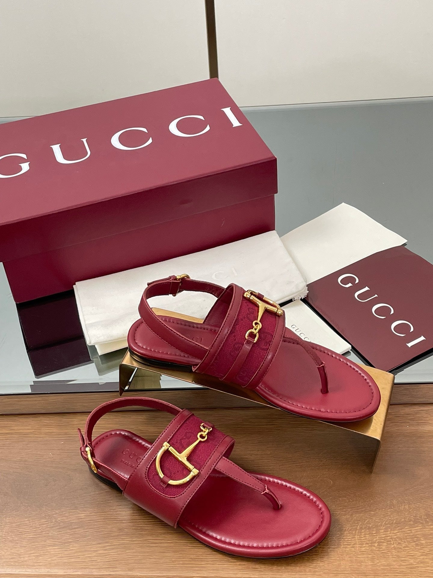 GG Horsebit Thong Flat Sandals Burgundy Sheepskin Canvas 646466