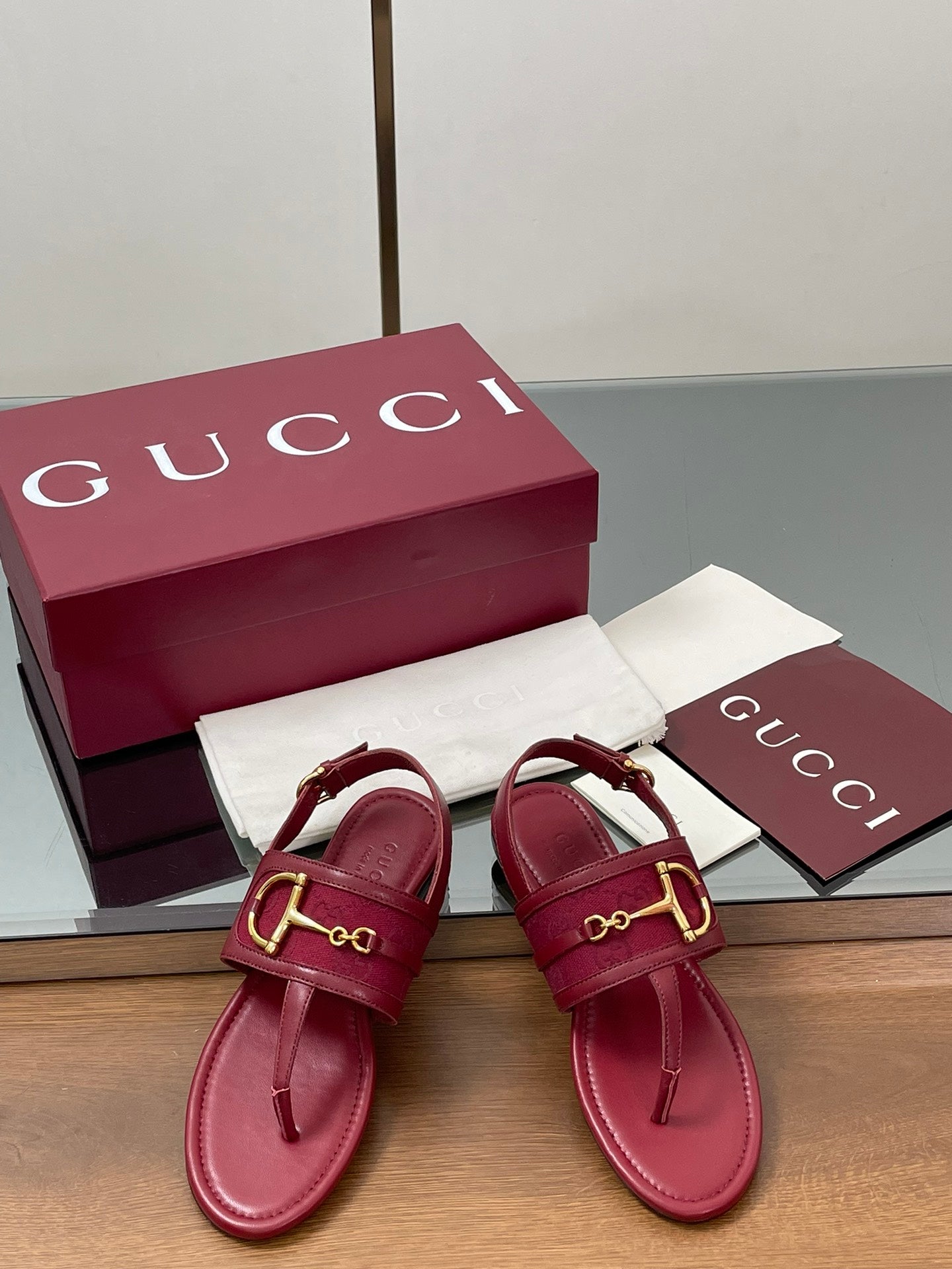 GG Horsebit Thong Flat Sandals Burgundy Sheepskin Canvas 646466
