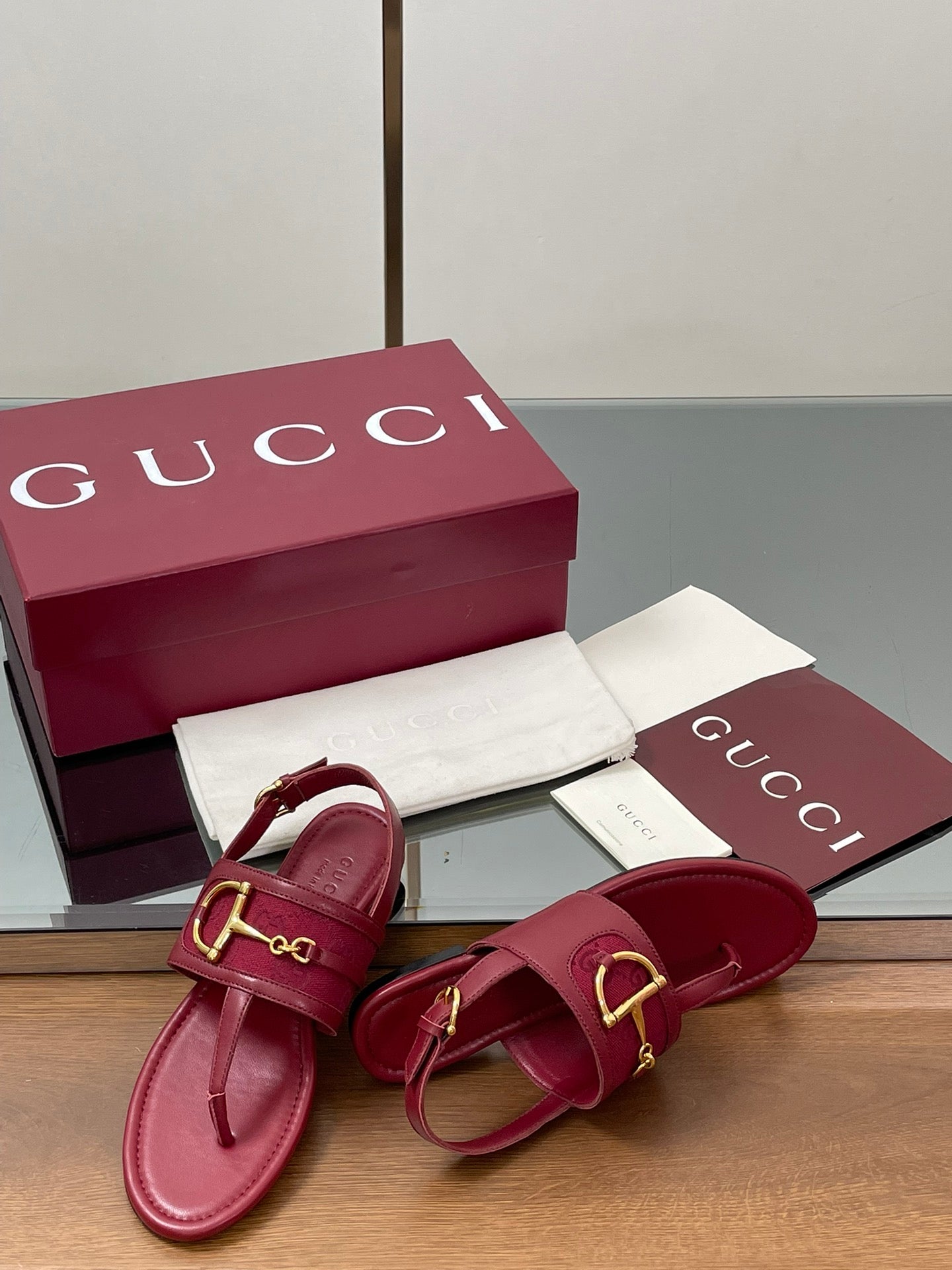 GG Horsebit Thong Flat Sandals Burgundy Sheepskin Canvas 646466
