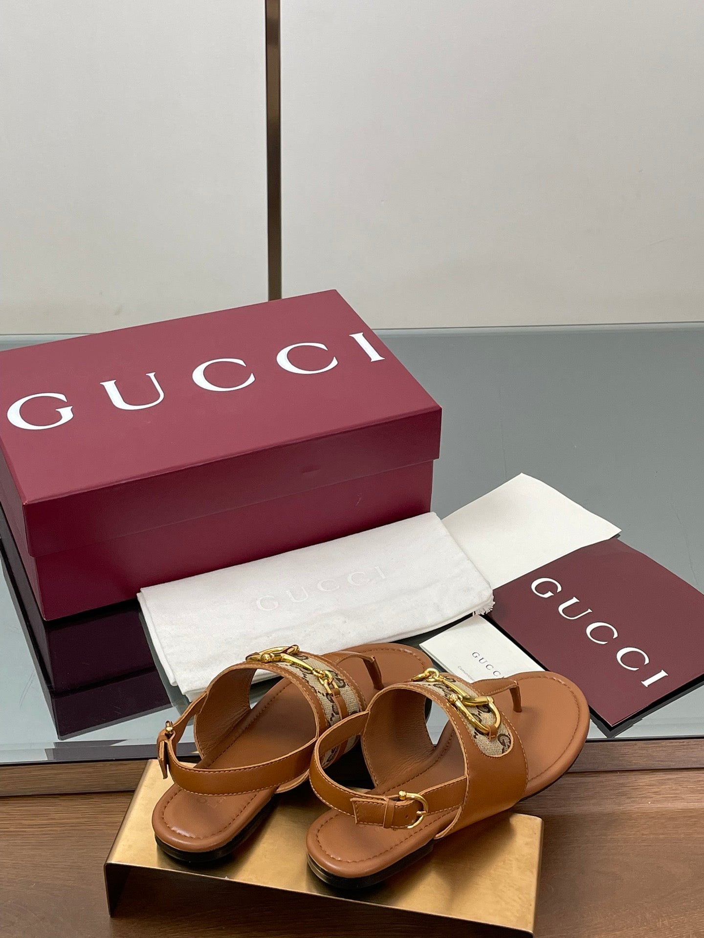 GG Horsebit Thong Flat Sandals Brown Beige Sheepskin Canvas 646467