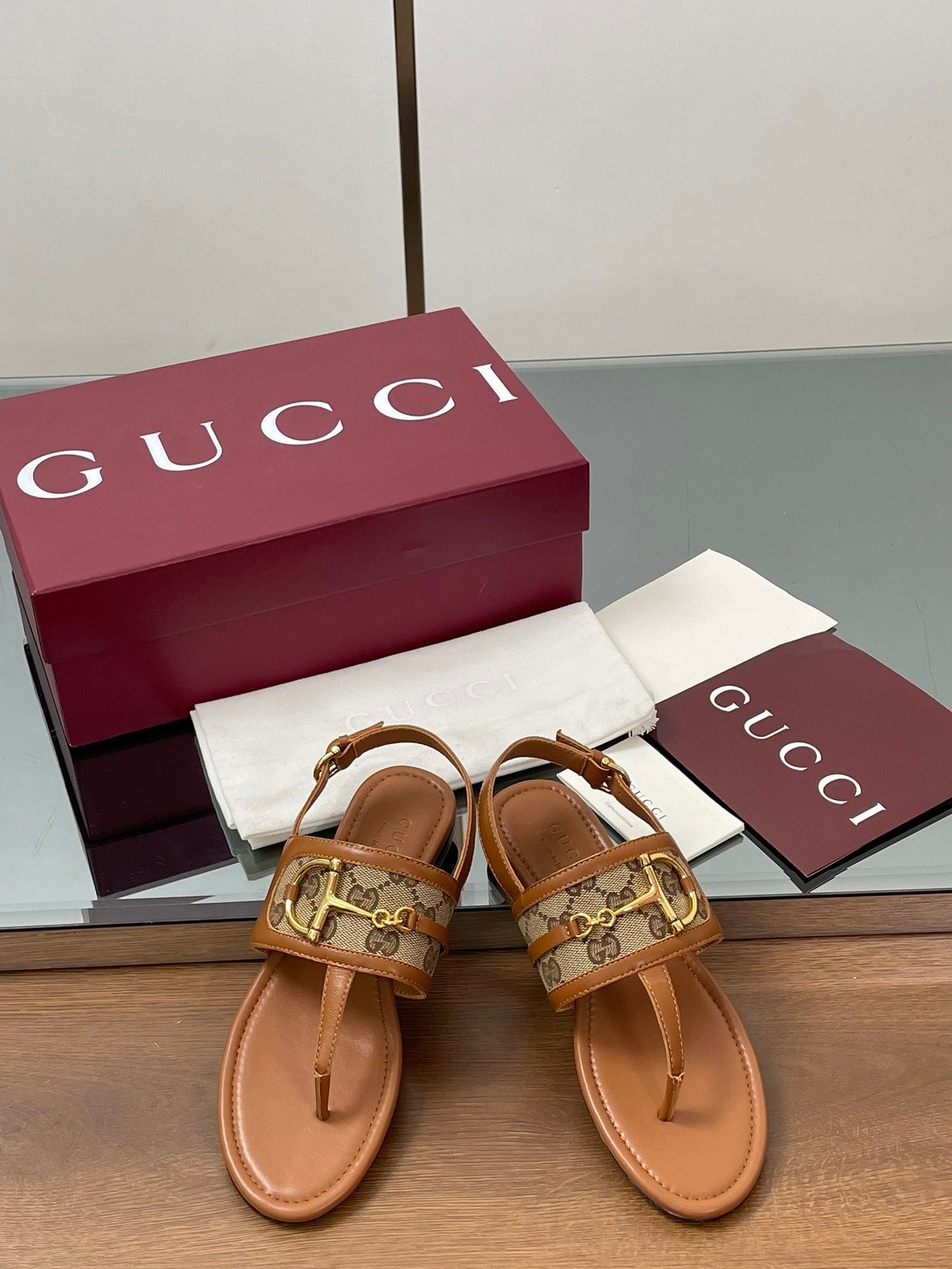 GG Horsebit Thong Flat Sandals Brown Beige Sheepskin Canvas 646467