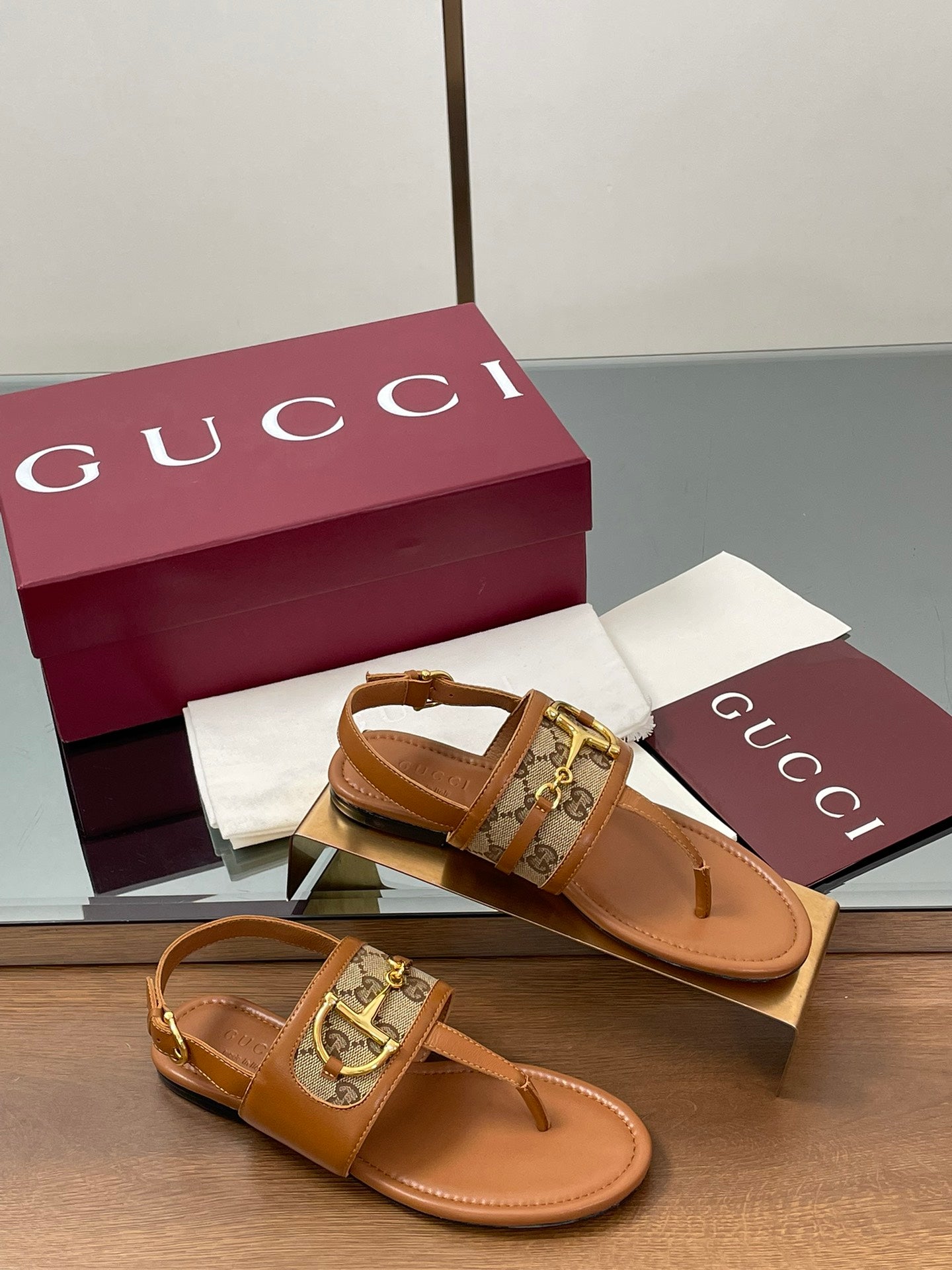 GG Horsebit Thong Flat Sandals Brown Beige Sheepskin Canvas 646467