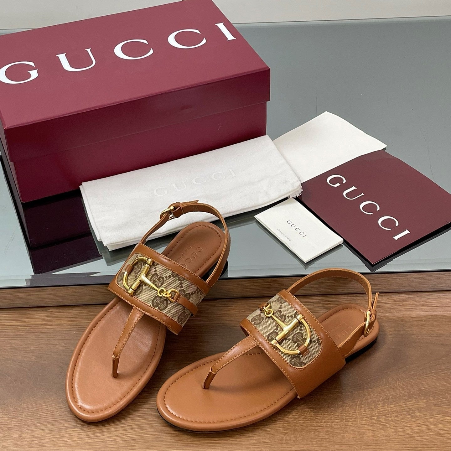 GG Horsebit Thong Flat Sandals Brown Beige Sheepskin Canvas 646467