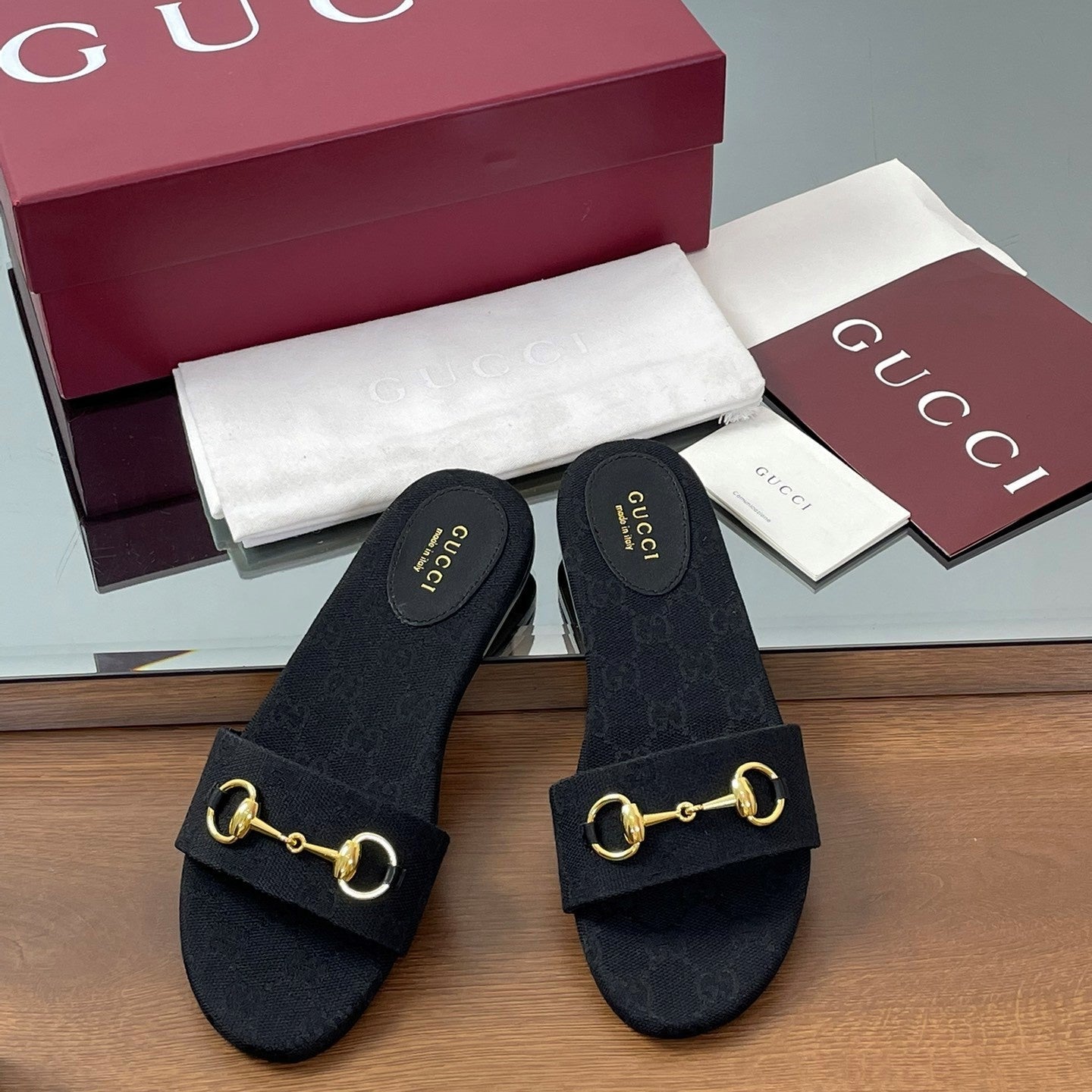 GG Horsebit Slide Sandals Black Canvas 646550