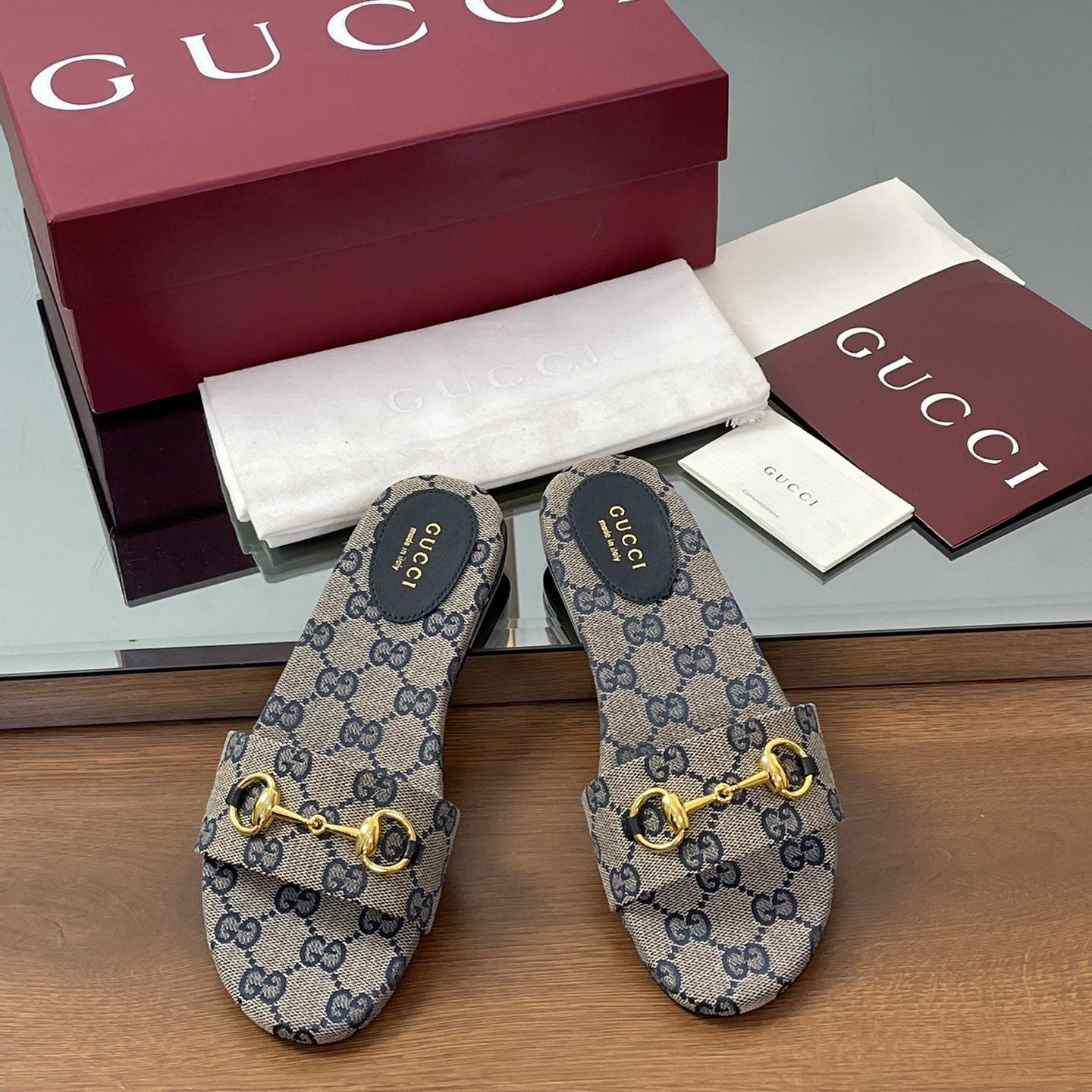 GG Horsebit Slide Sandals Beige Navy Blue Canvas 646551