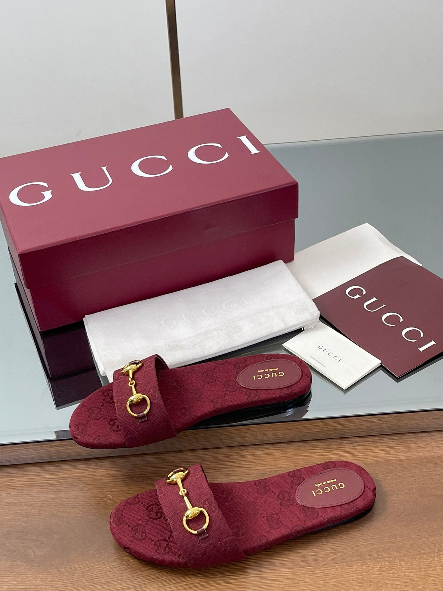 GG Horsebit Slide Sandals Burgundy Canvas 646552
