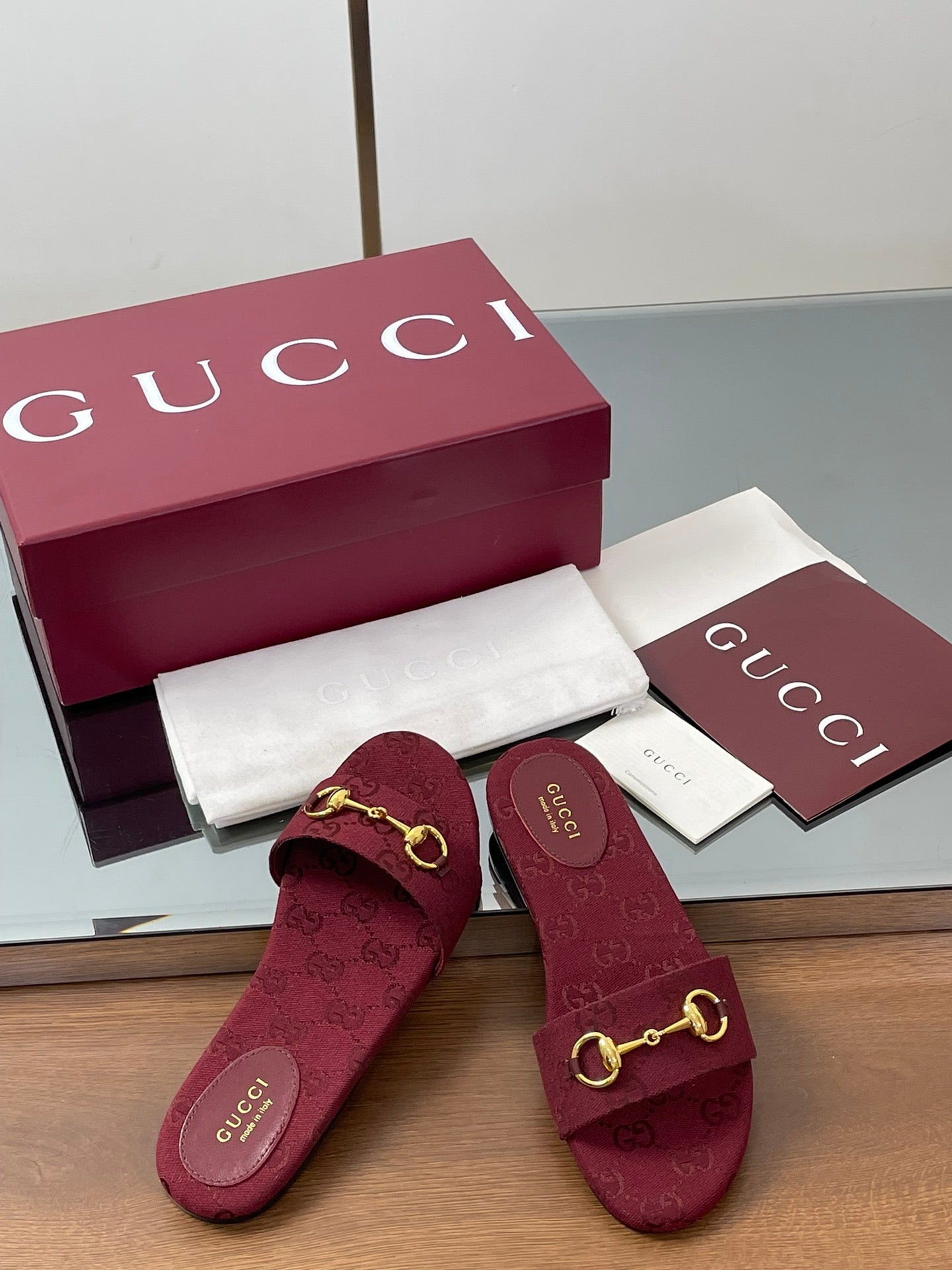 GG Horsebit Slide Sandals Burgundy Canvas 646552