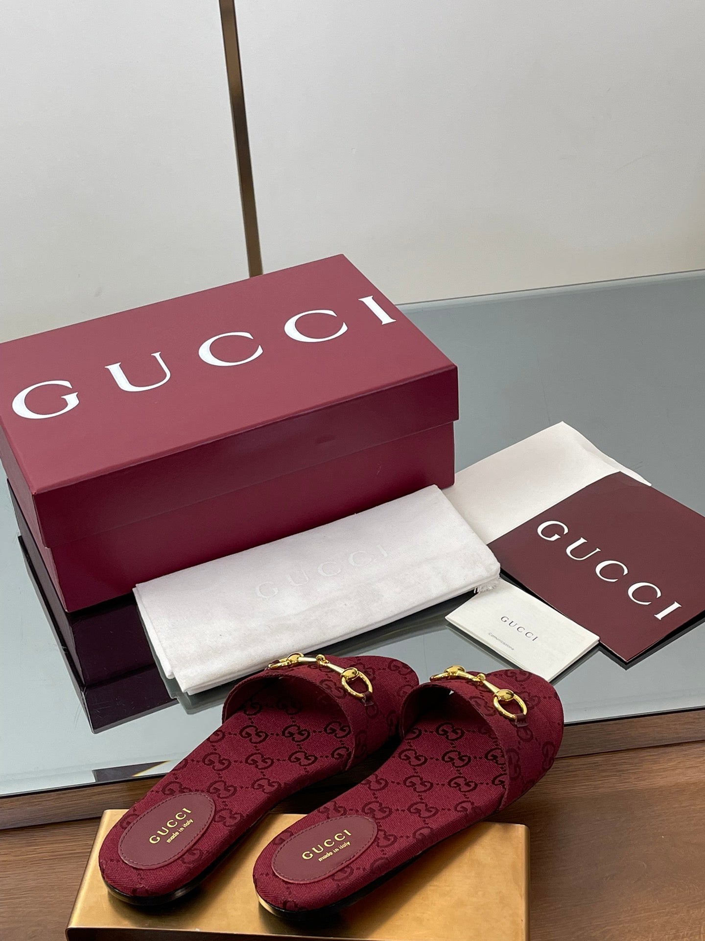 GG Horsebit Slide Sandals Burgundy Canvas 646552