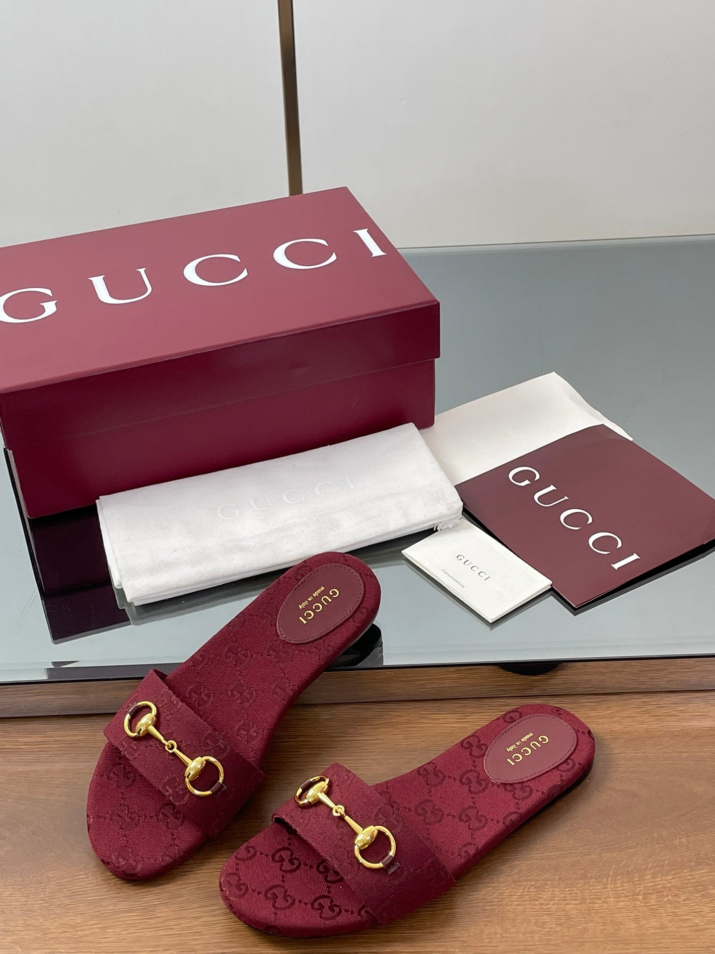 GG Horsebit Slide Sandals Burgundy Canvas 646552