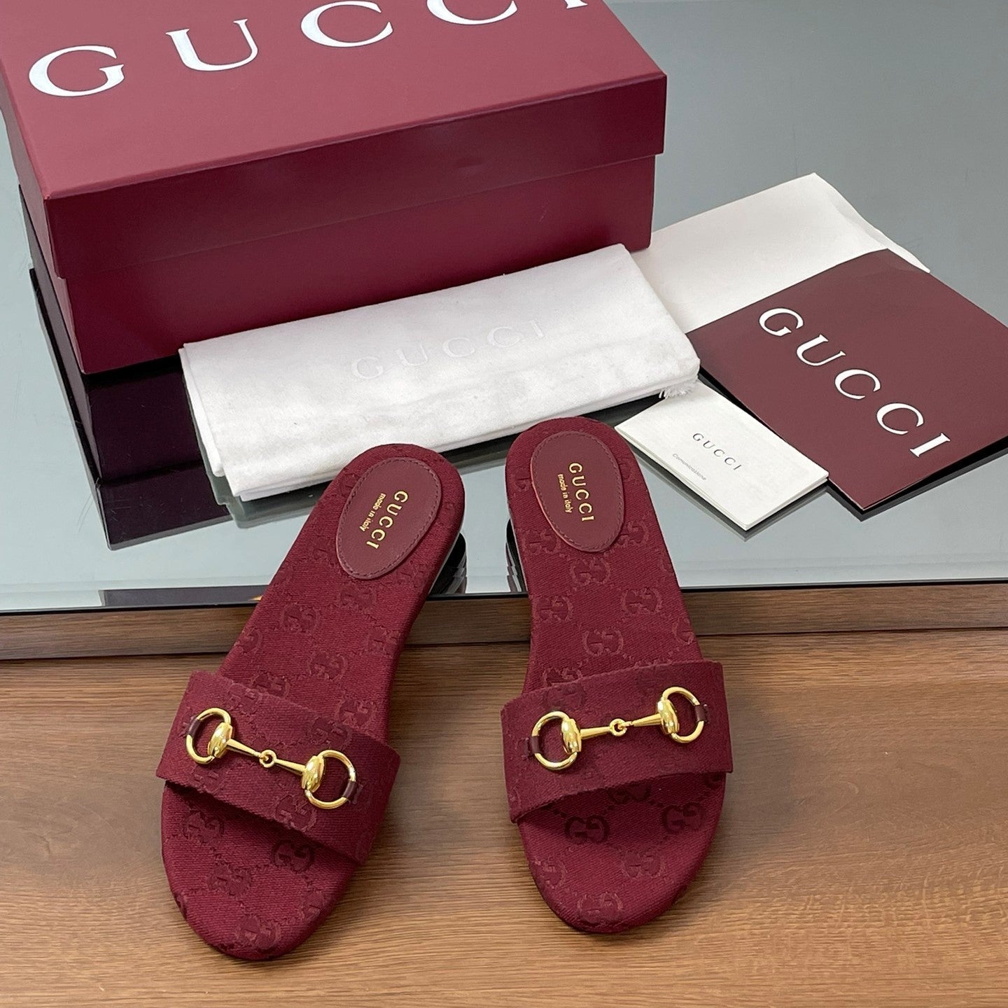 GG Horsebit Slide Sandals Burgundy Canvas 646552