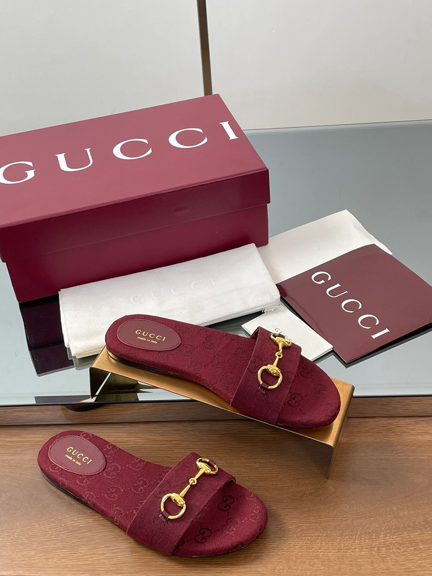 GG Horsebit Slide Sandals Burgundy Canvas 646552
