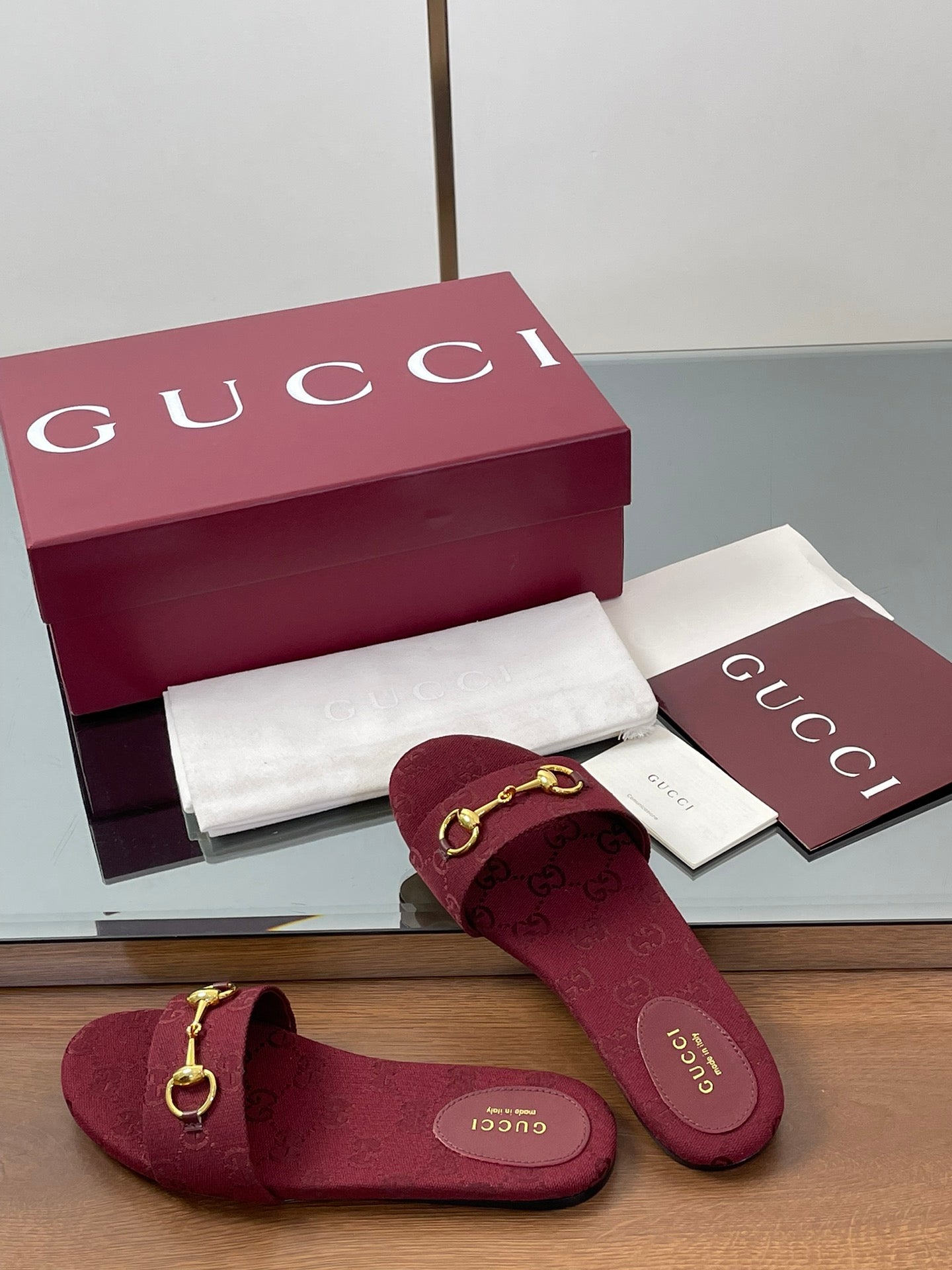 GG Horsebit Slide Sandals Burgundy Canvas 646552